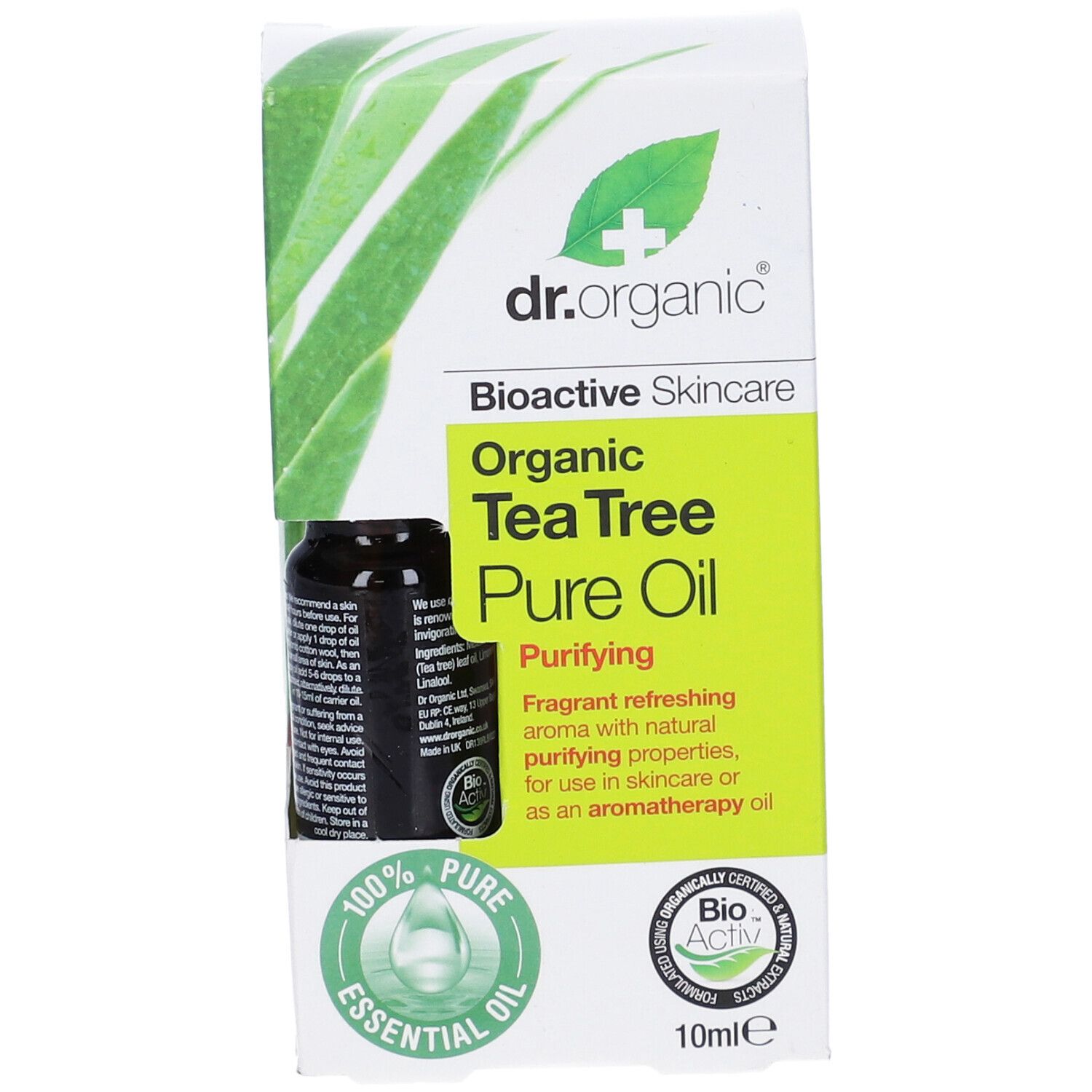 Confezione del prodotto con flacone in vetro marrone. Scritta: Organic Tea Tree Pure Oil. Sigillo Bio-Activ e 10 ml.