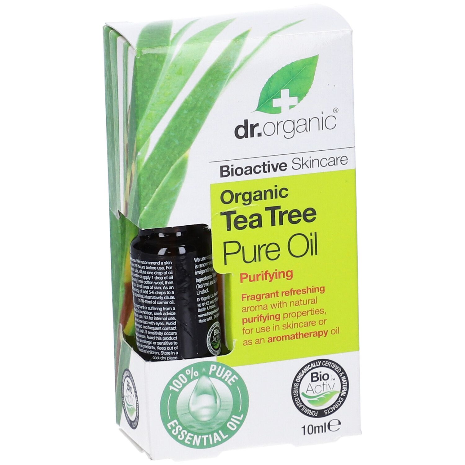 Confezione del prodotto con flacone in vetro marrone. Scritta: Organic Tea Tree Pure Oil. Sigillo Bio-Activ e 10 ml.