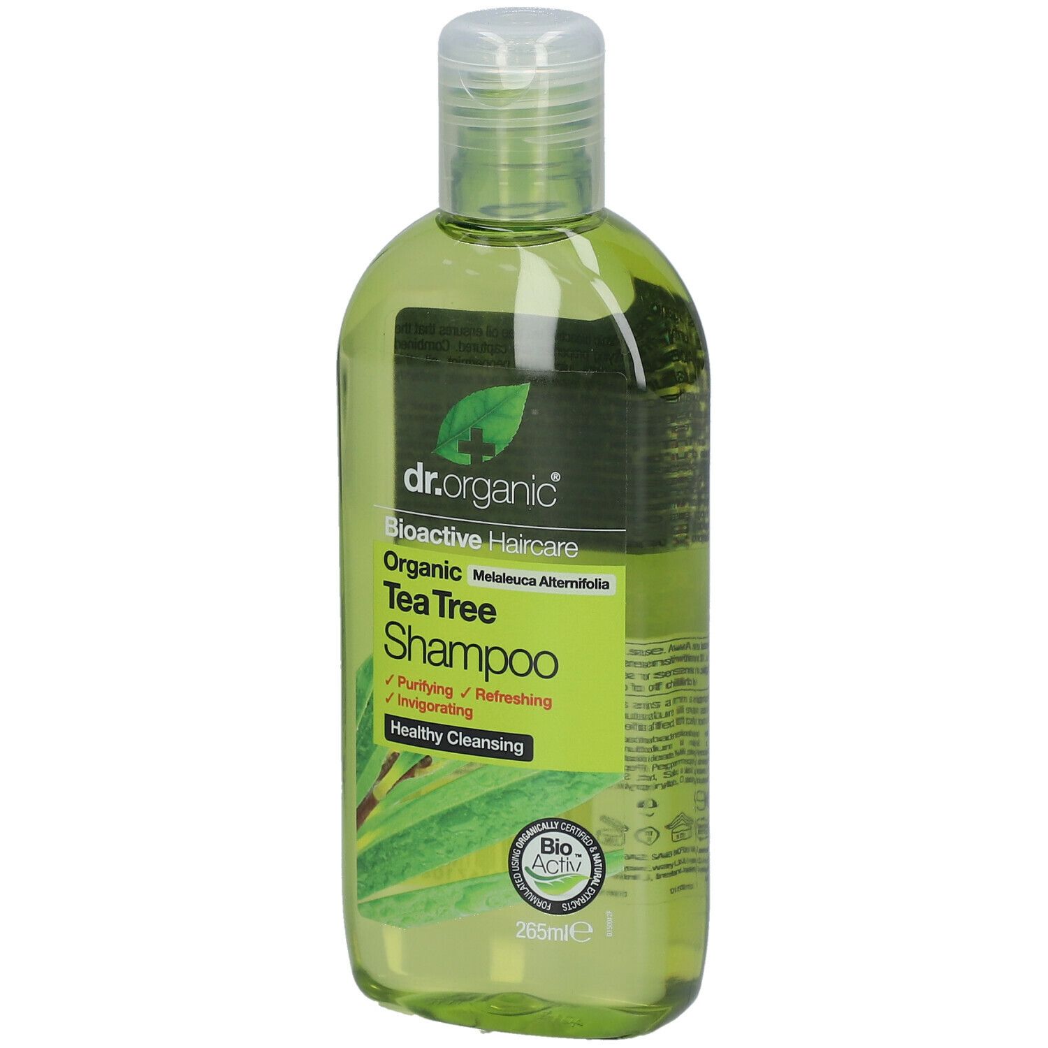 Dr. Organic Bio-Teebaum-Shampoo. Grüne Flasche mit grünem Deckel. Aufschrift: Organic Tea Tree Shampoo. Bio-Activ-Siegel.