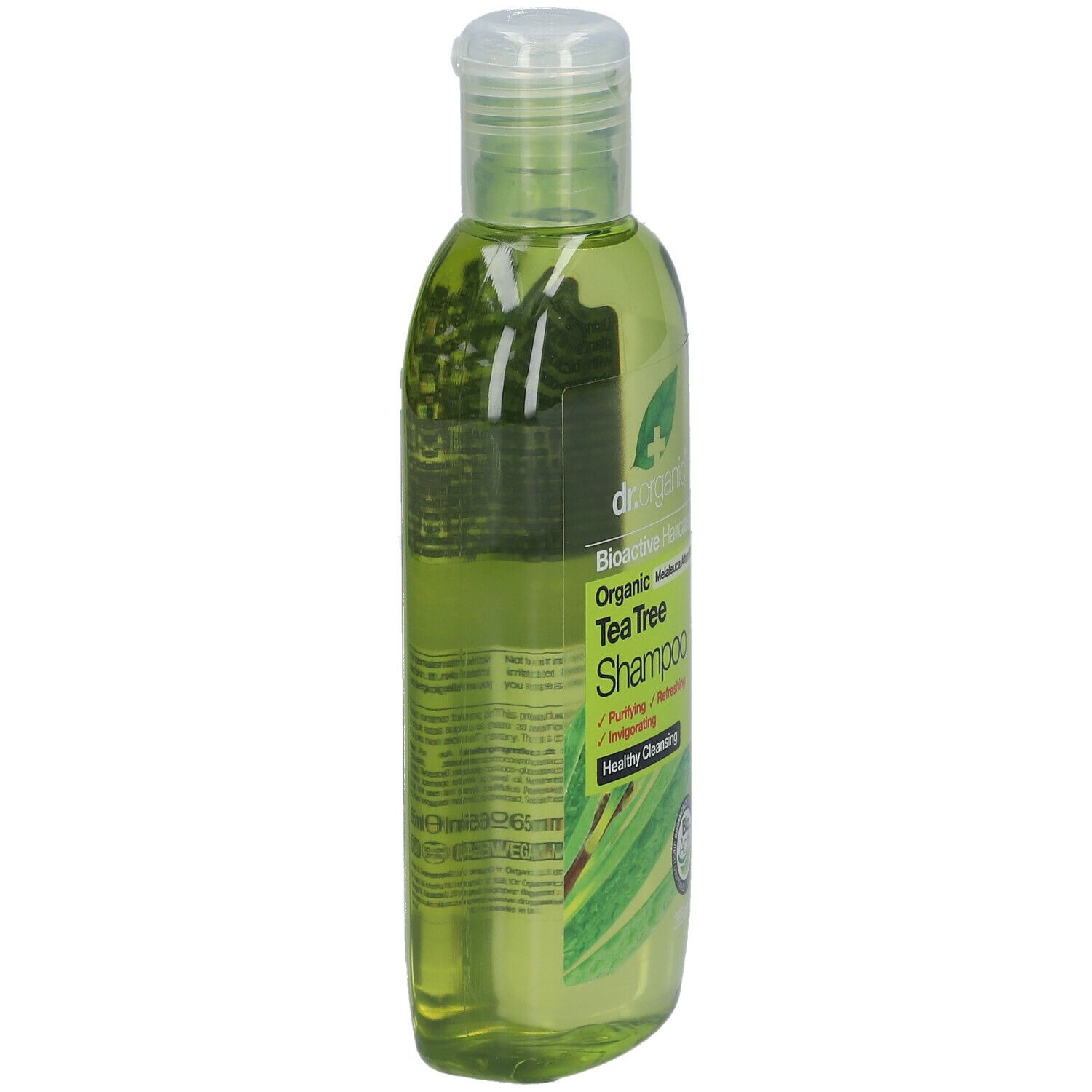 Dr. Organic Bio-Teebaum-Shampoo. Grüne Flasche, Seitenansicht. Aufschrift: Organic Tea Tree Shampoo. Bio-Activ-Siegel.