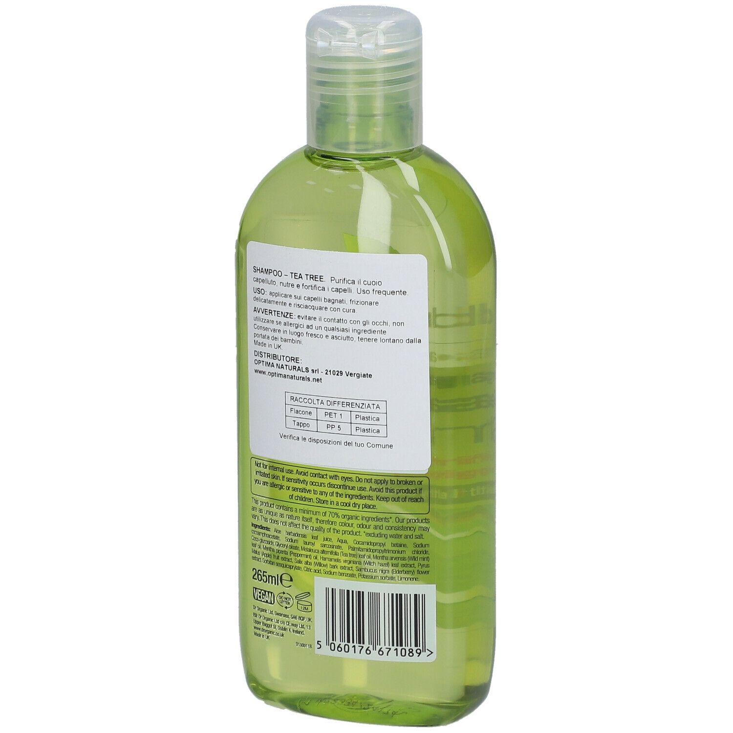 Dr. Organic Bio-Teebaum-Shampoo. Grüne Flasche, Rückseite. Text in mehreren Sprachen. Bio-Activ-Siegel. 265ml.