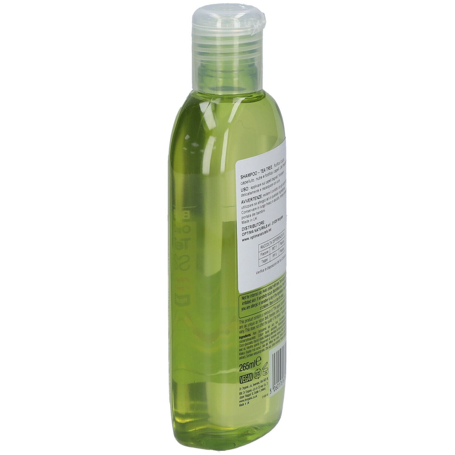 Dr. Organic Bio-Teebaum-Shampoo. Grüne Flasche, Seitenansicht. Text in mehreren Sprachen. Bio-Activ-Siegel. 265ml.