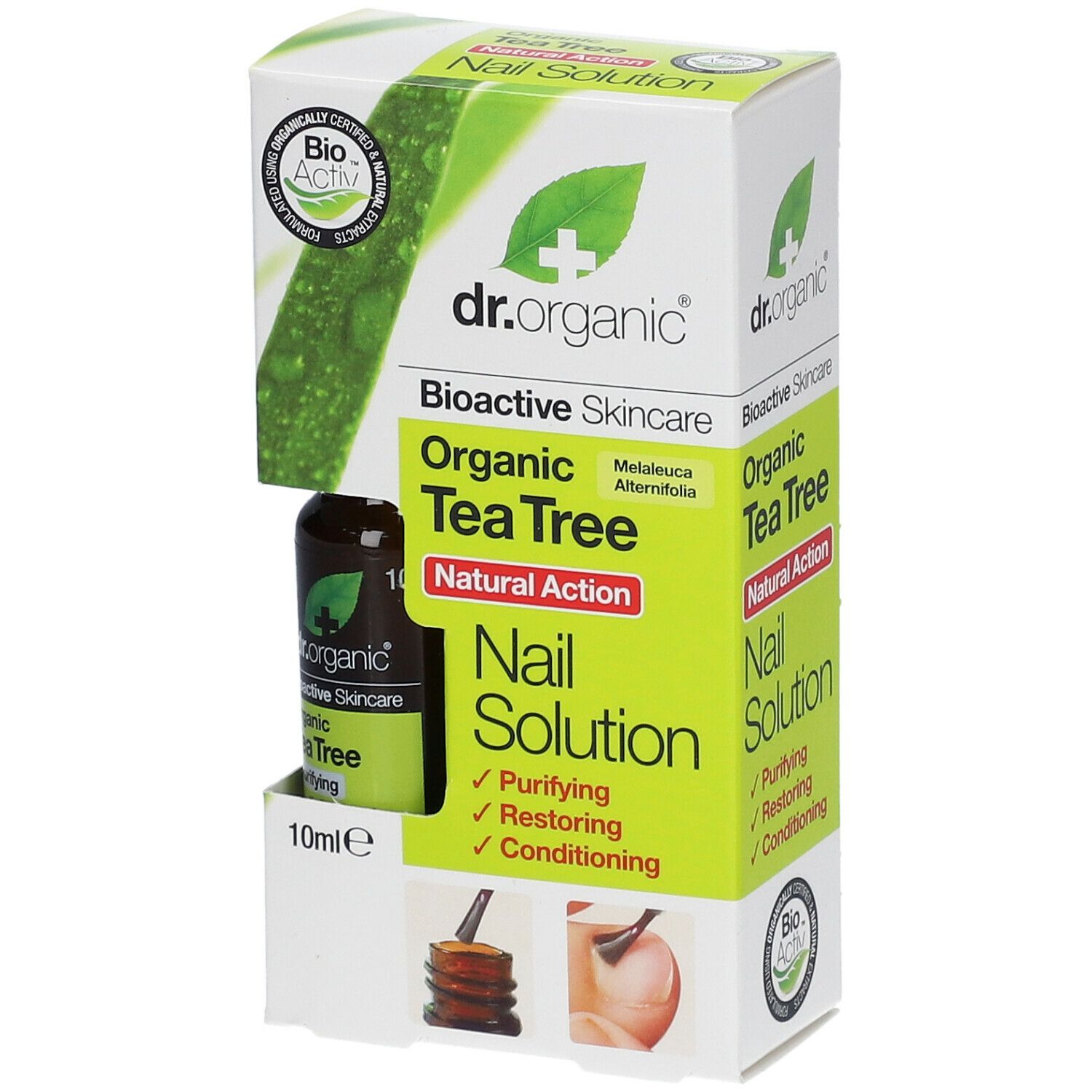 Confezione prodotto con flacone. Scritta: Dr. Organic, Organic Tea Tree Nail Solution. Flacone da 10 ml e scatola con dettagli verdi.
