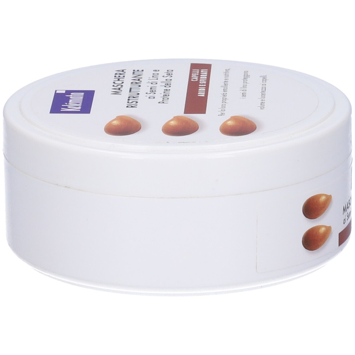 Vaso bianco con coperchio marrone. Scritta: Maschera Ristrutturante. Illustrazione di semi di lino. Etichetta.