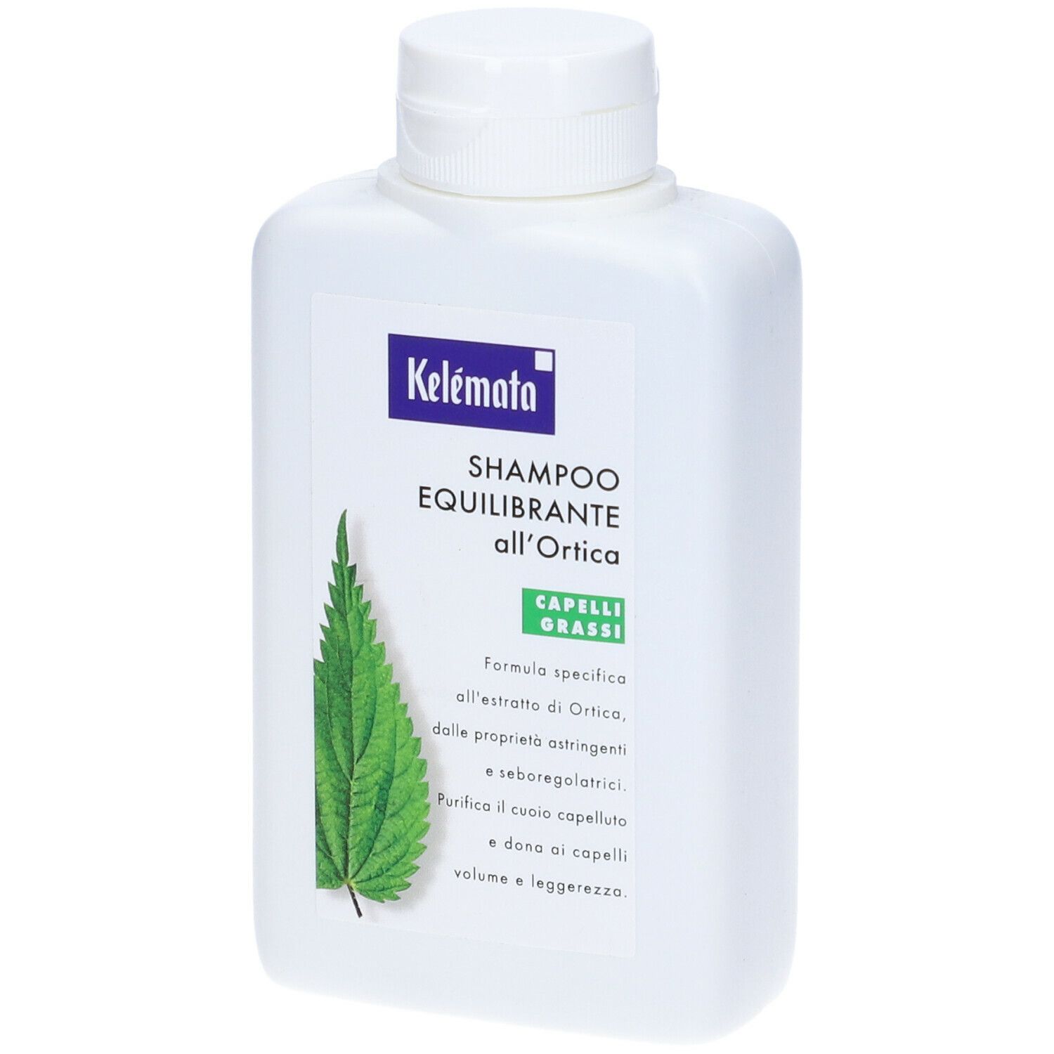 Flacone bianco con etichetta. Testo: Kelémata, Shampoo Equilibrante all'Ortica. Immagine di ortica. Per capelli grassi.