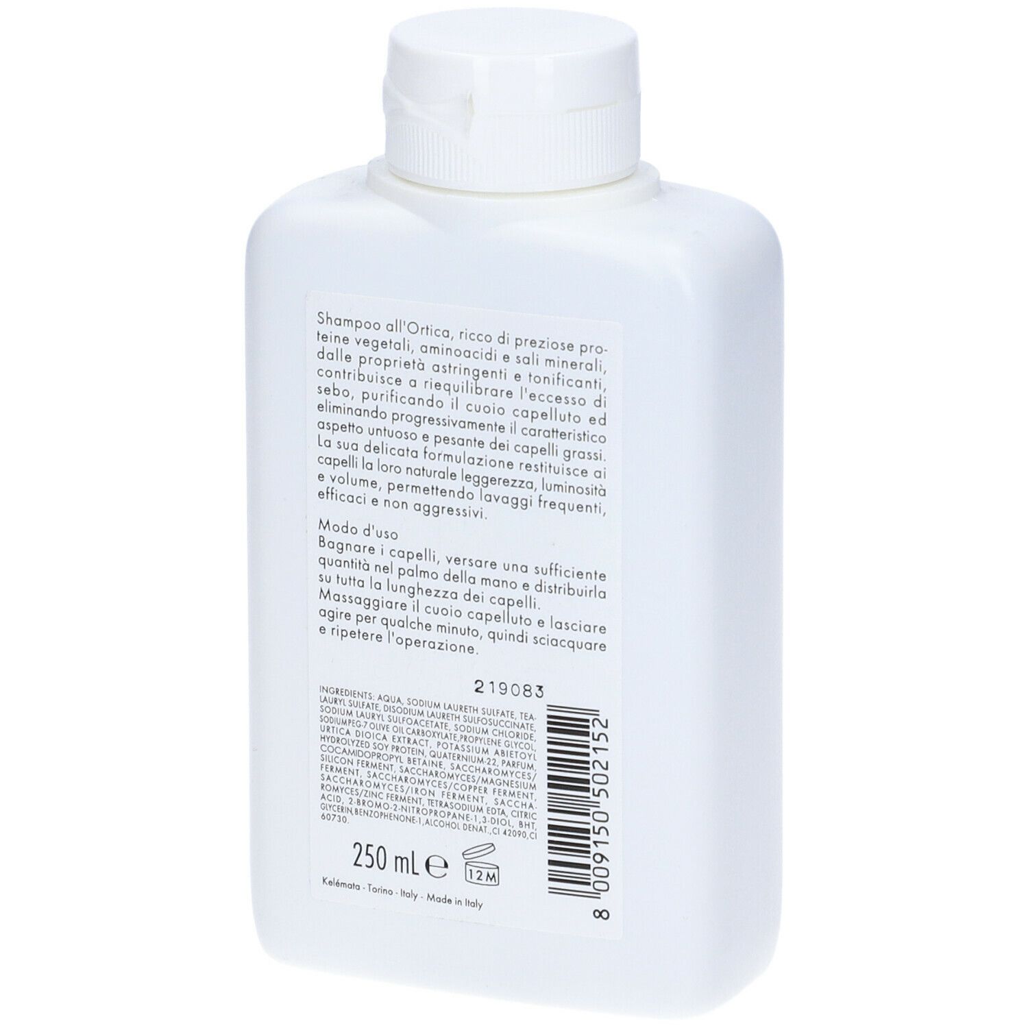 Flacone bianco, retro. Testo: Shampoo all'Ortica. Ingredienti e istruzioni per l'uso. Volume: 250 ml. Prodotto in Italia.