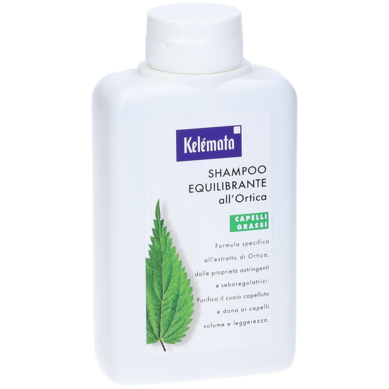Flacone bianco con etichetta. Testo: Kelémata, Shampoo Equilibrante all'Ortica. Immagine di ortica. Per capelli grassi.