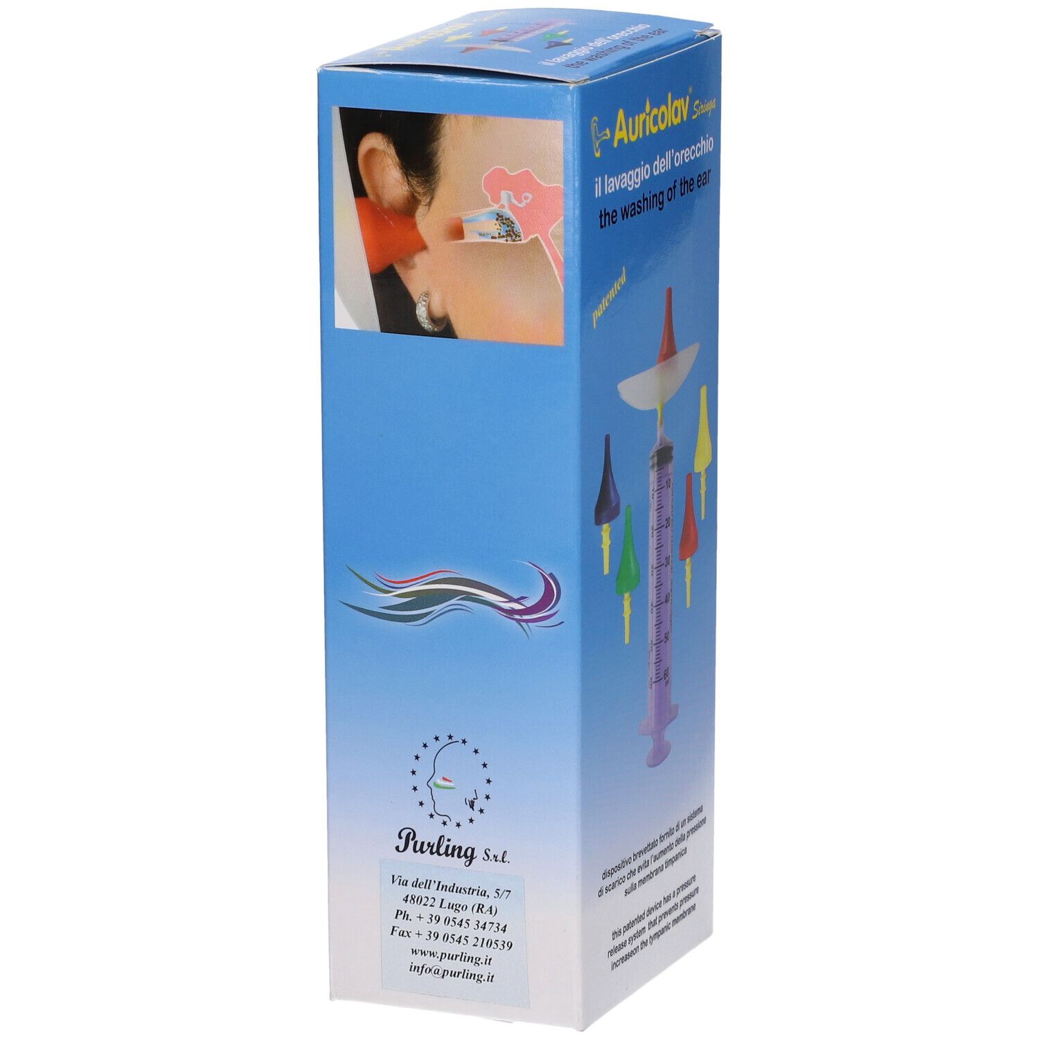 Confezione della siringa per lavaggio auricolare. Scatola blu con immagine del prodotto e testo. Contiene siringa, beccucci e scudo.