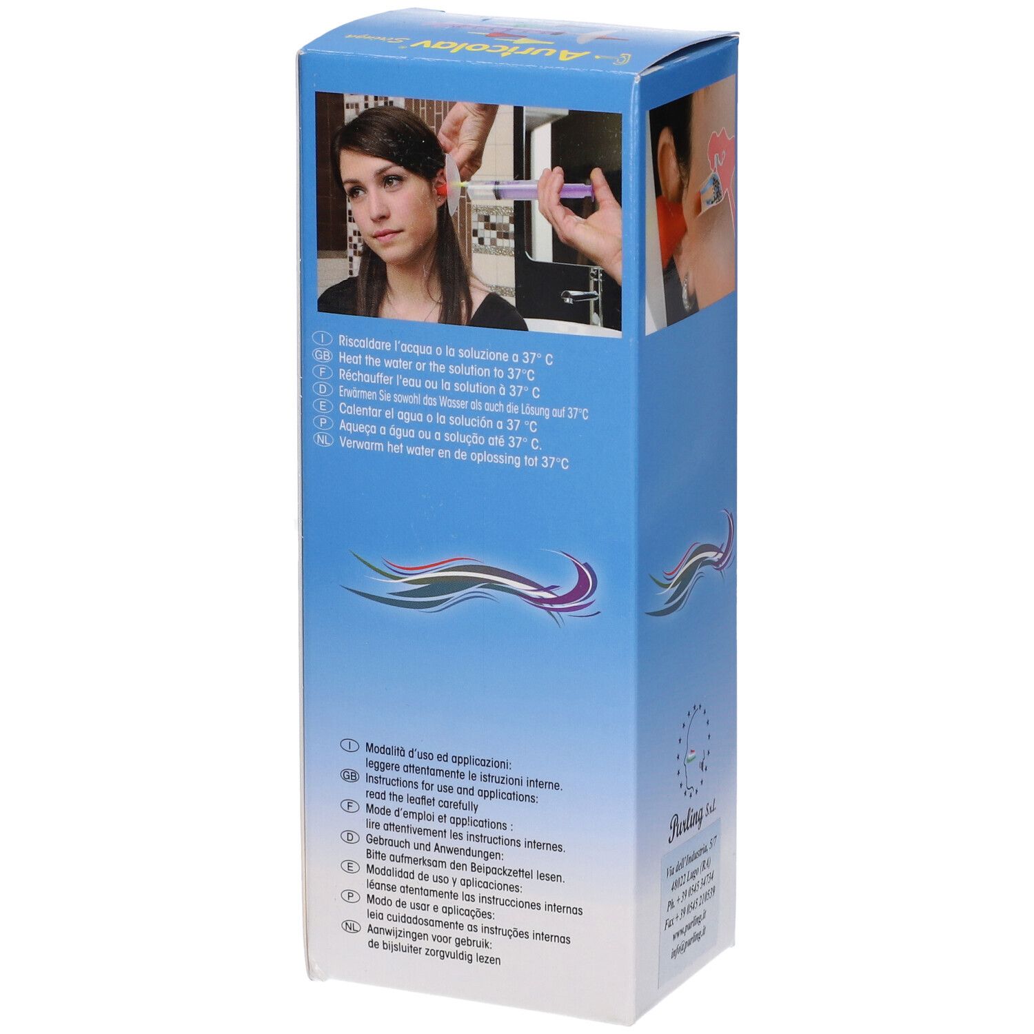 Confezione della siringa per lavaggio auricolare. Scatola blu con immagine del prodotto e testo. Contiene siringa, beccucci e scudo.