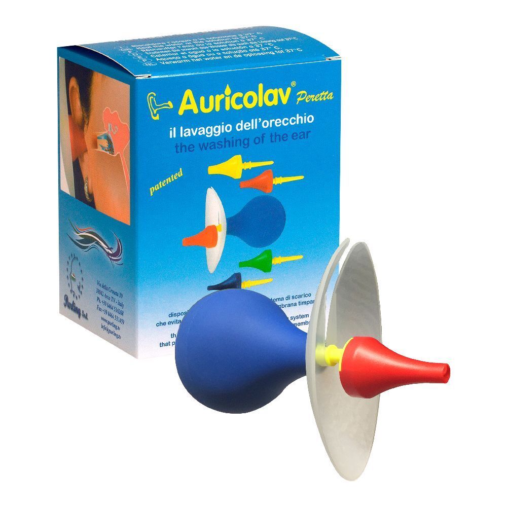 Irrigatore auricolare blu con punte colorate. Confezione con nome del prodotto e illustrazione.