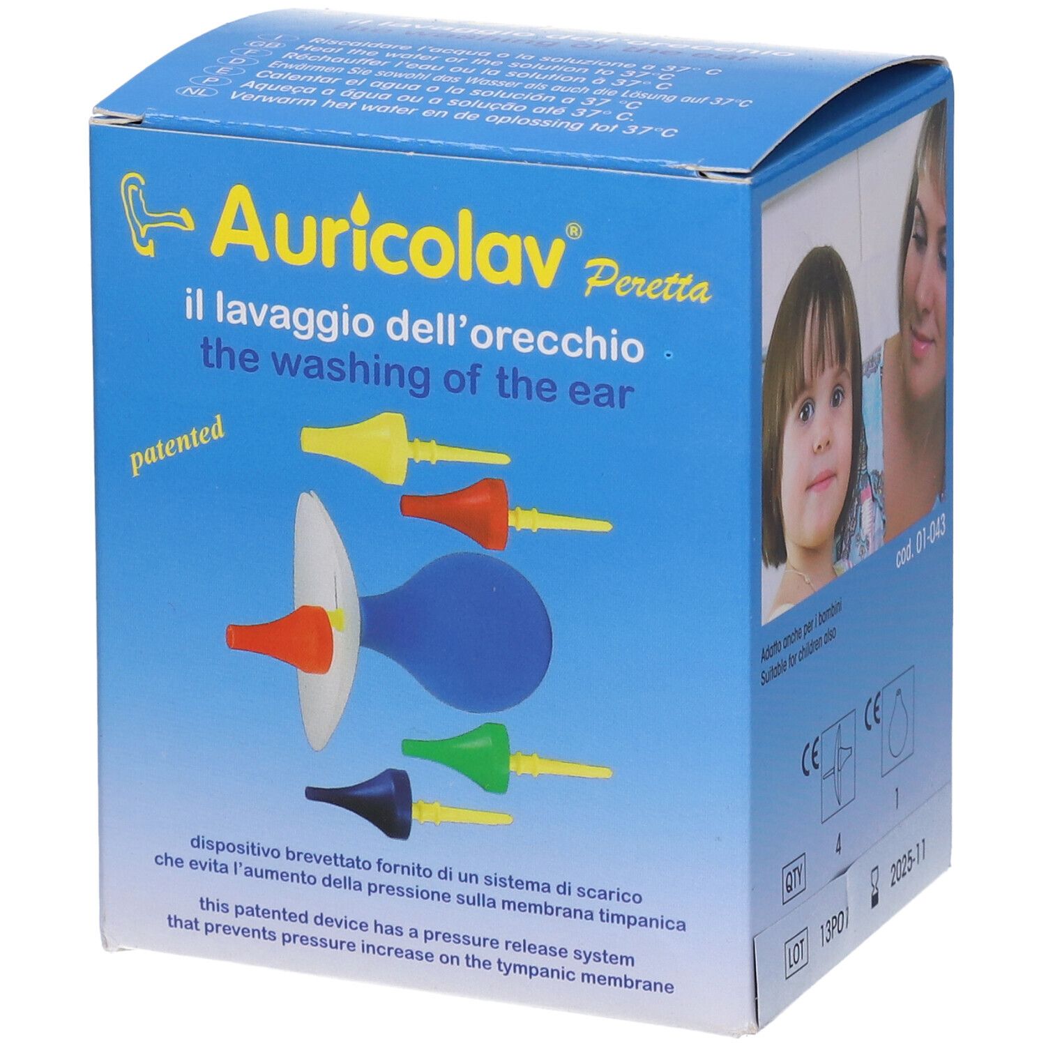 Confezione con illustrazioni dell'irrigatore auricolare e nome del prodotto. Contiene punte colorate.