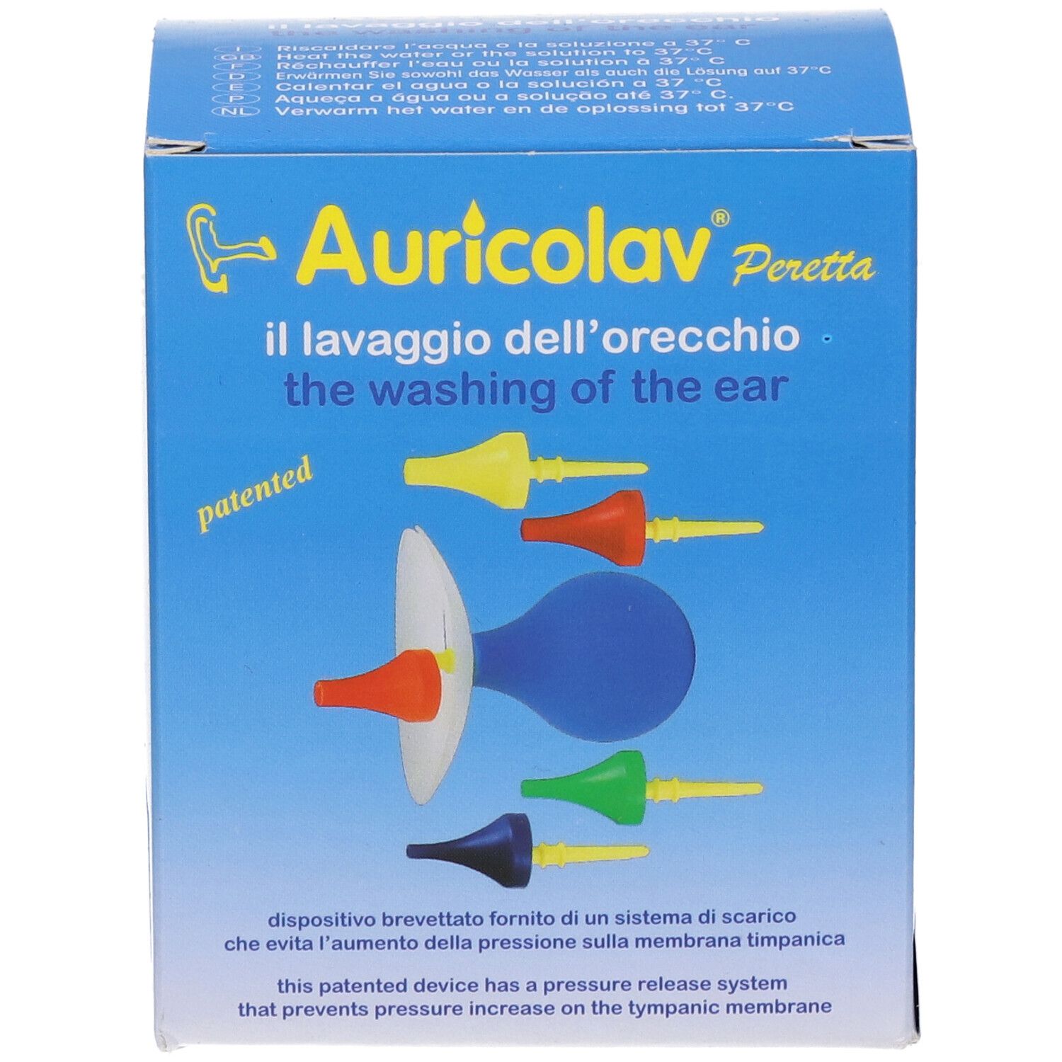 Confezione con nome del prodotto, illustrazione dell'irrigatore auricolare e punte colorate. Testo: 'the washing of the ear'.