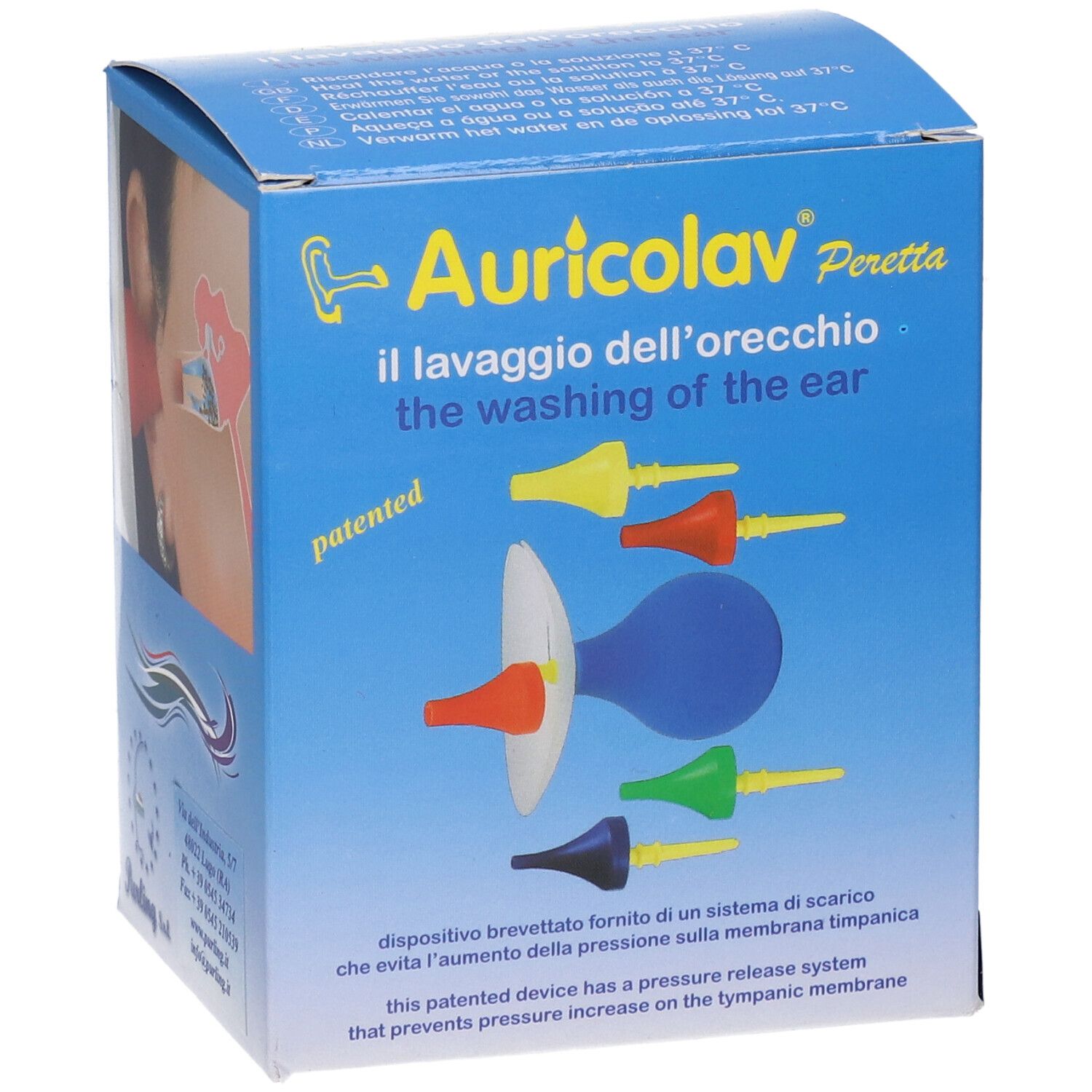 Confezione con nome del prodotto, illustrazione dell'irrigatore auricolare e punte colorate. Testo: 'the washing of the ear'.