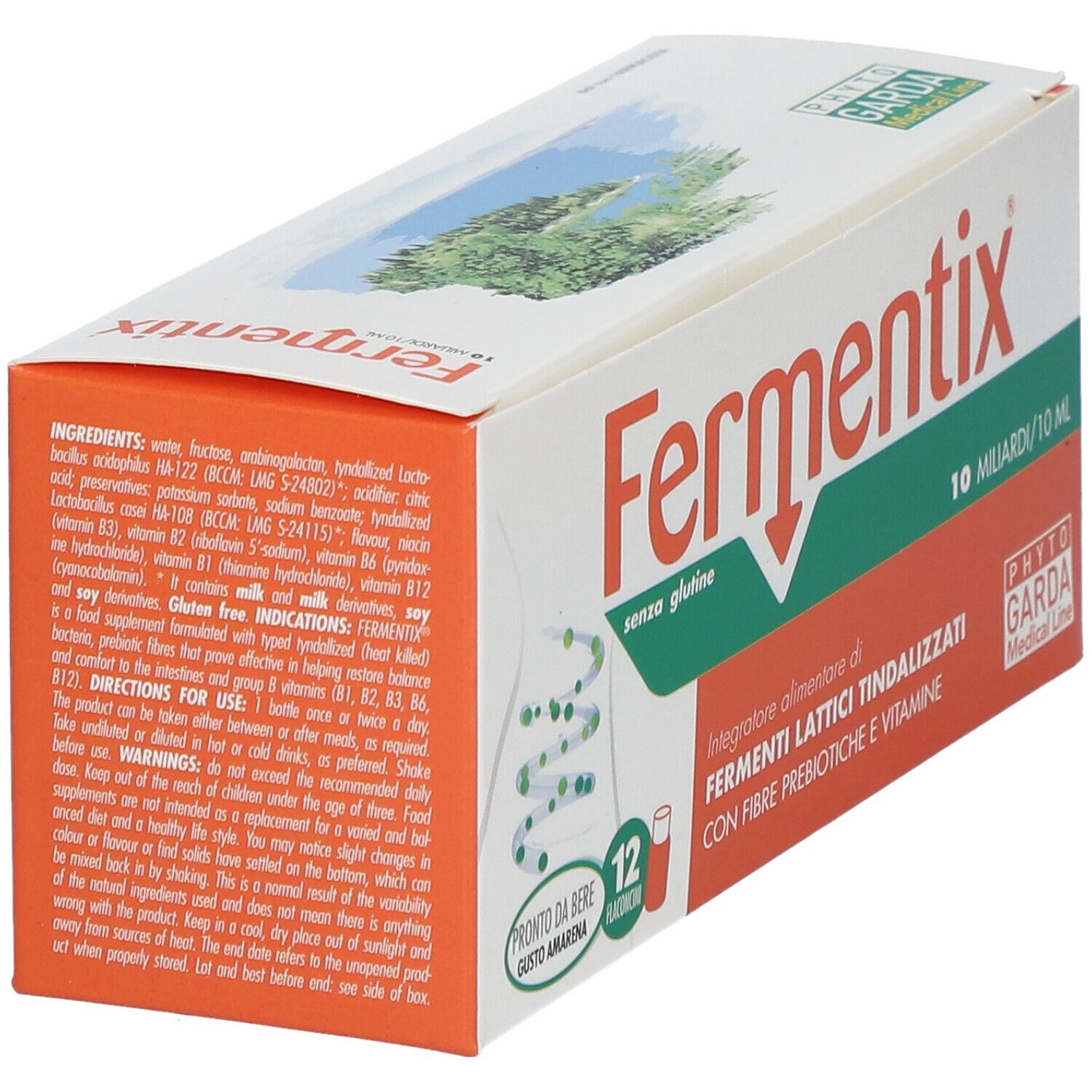 Confezione di FERMENTIX®-Fläschchen. Scatola bianca e arancione con informazioni sul prodotto e logo. Contiene 12 flaconcini.