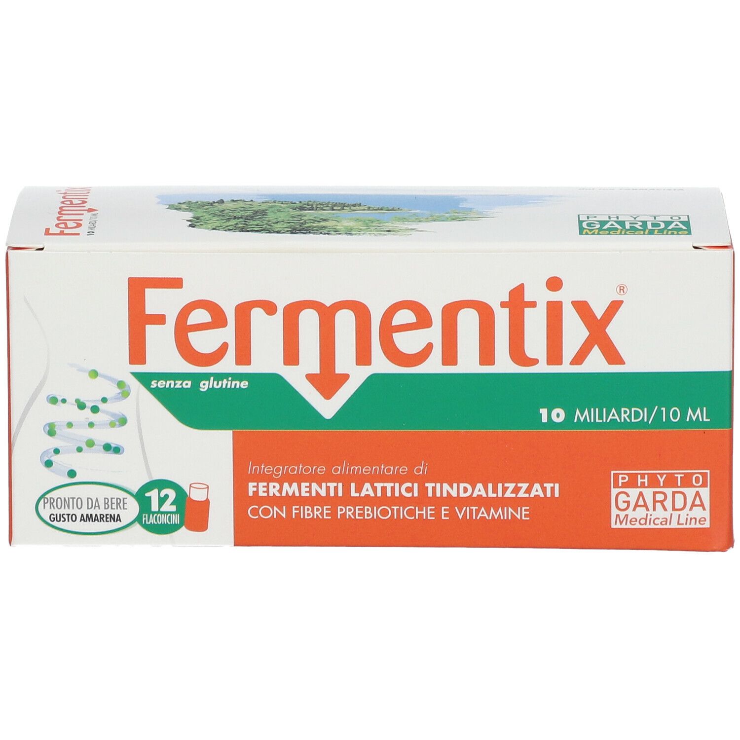 Confezione di FERMENTIX®-Fläschchen. Scatola bianca e arancione con nome e logo del prodotto. Contiene 12 flaconcini.