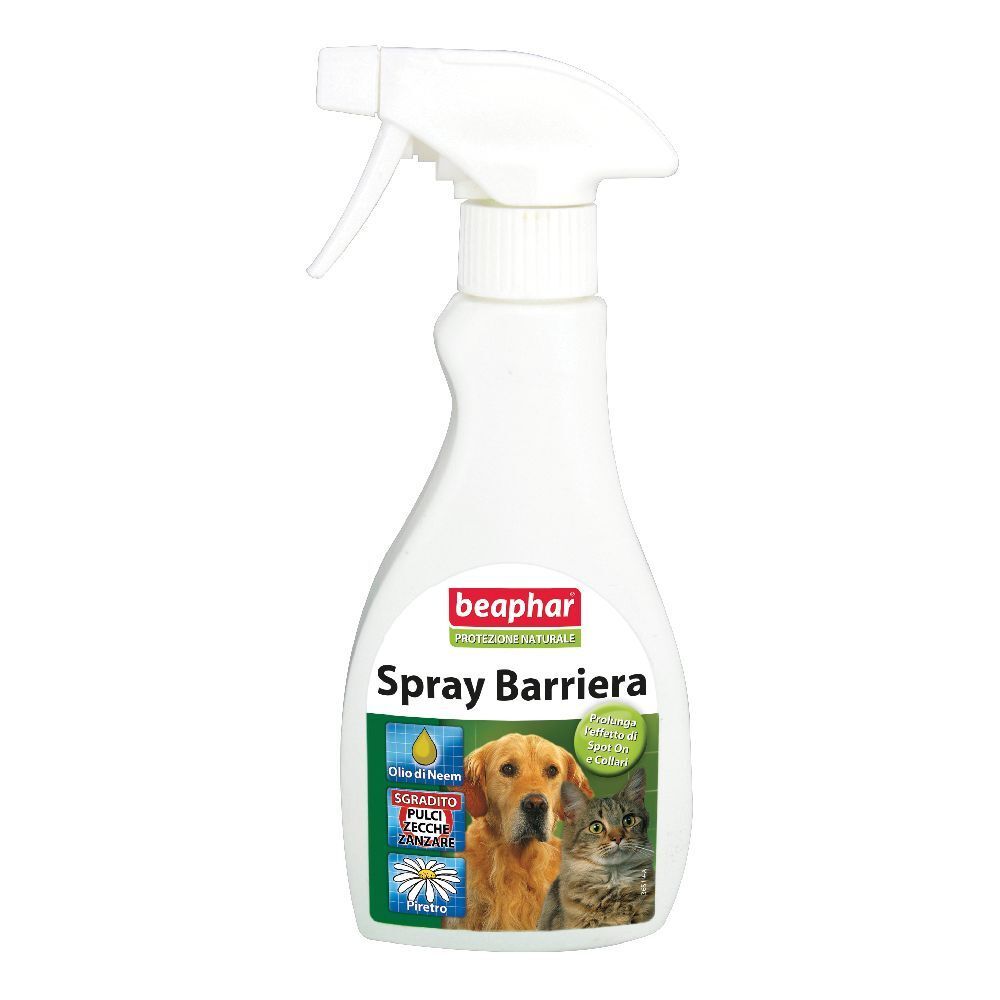 Flacone spray bianco con etichetta. L'etichetta presenta un cane e un gatto. Testo: Spray Barriera.