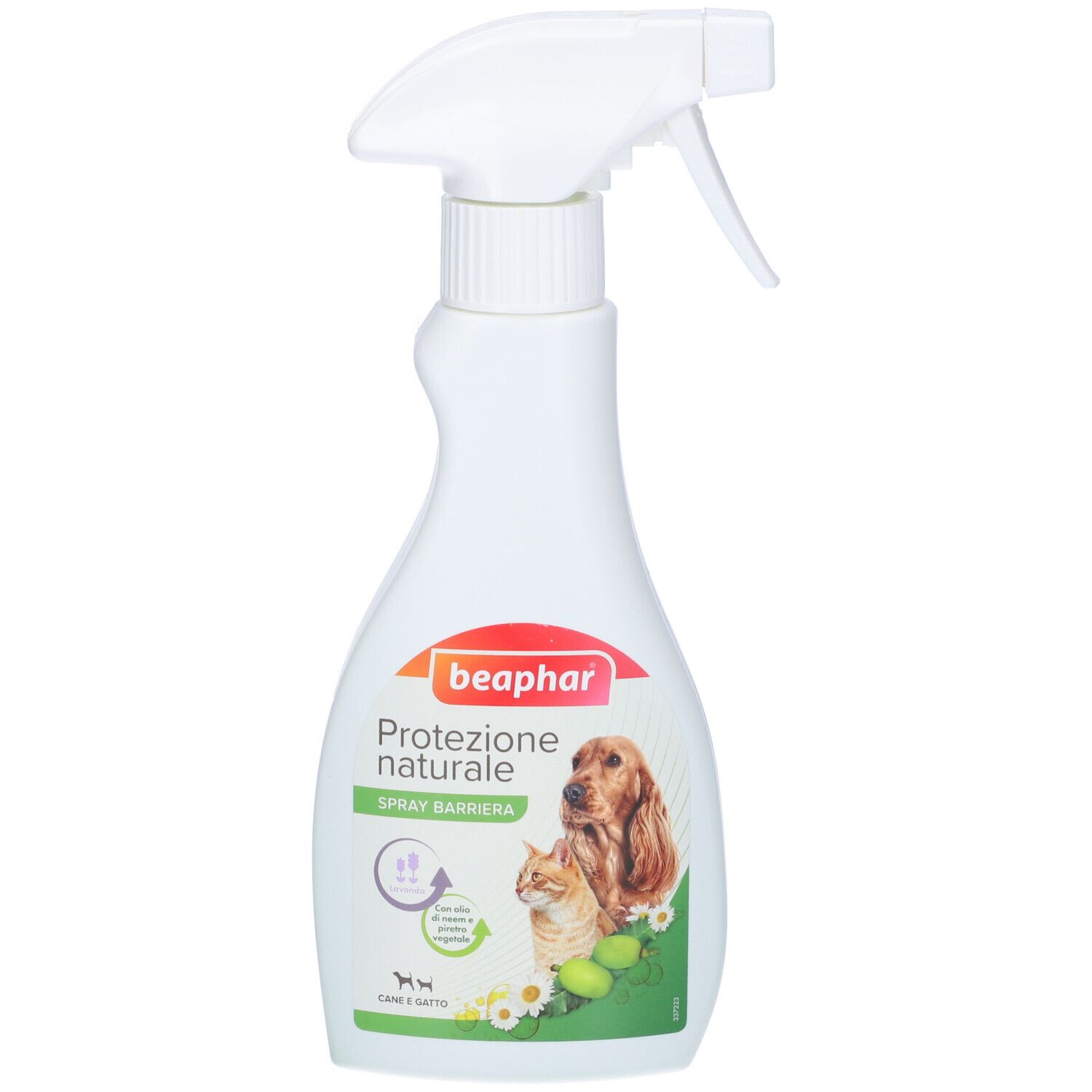 Flacone spray bianco con etichetta. L'etichetta presenta un cane e un gatto. Testo: Protezione naturale.