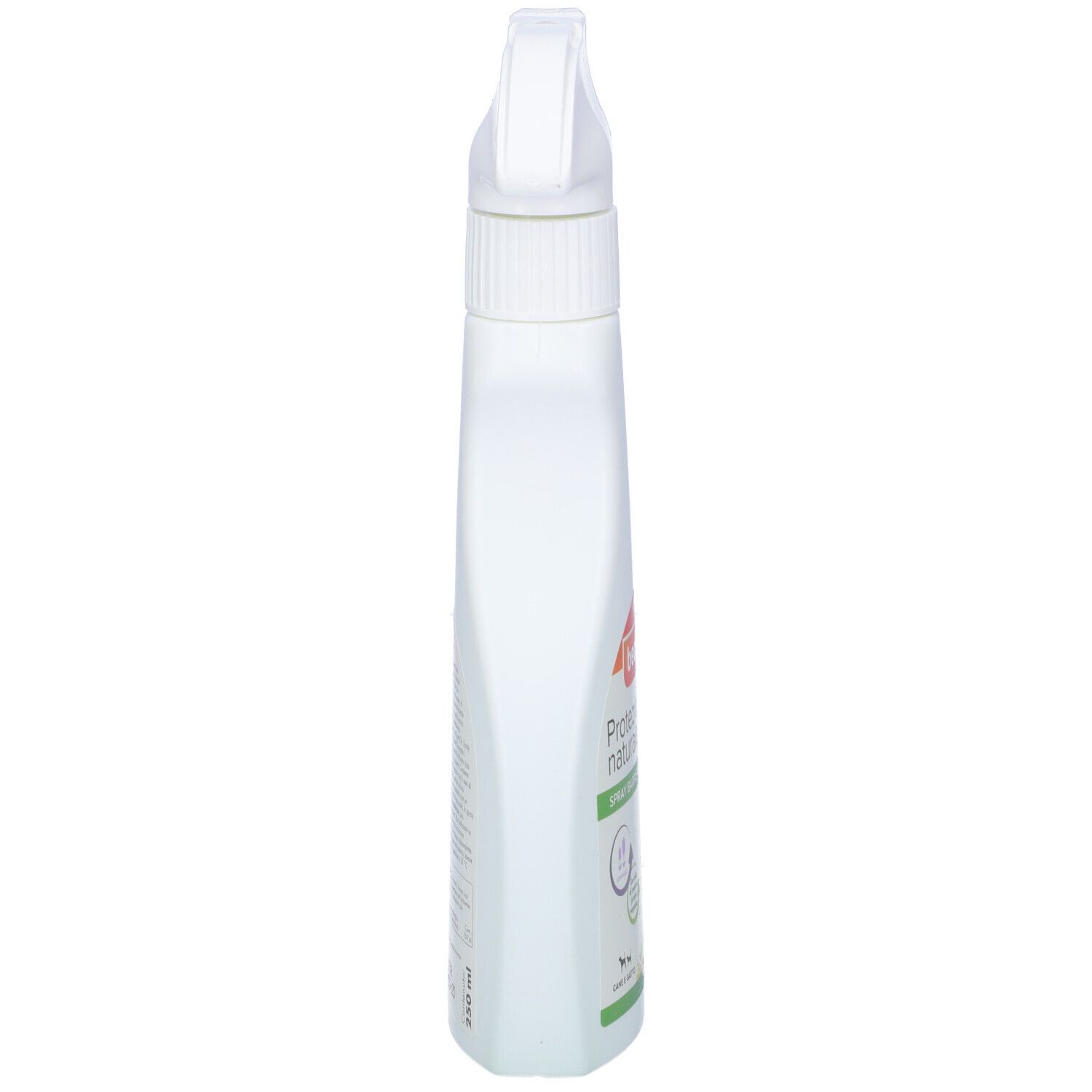 Vista laterale di un flacone spray bianco. La testa dello spruzzo è bianca. Informazioni sul prodotto stampate.
