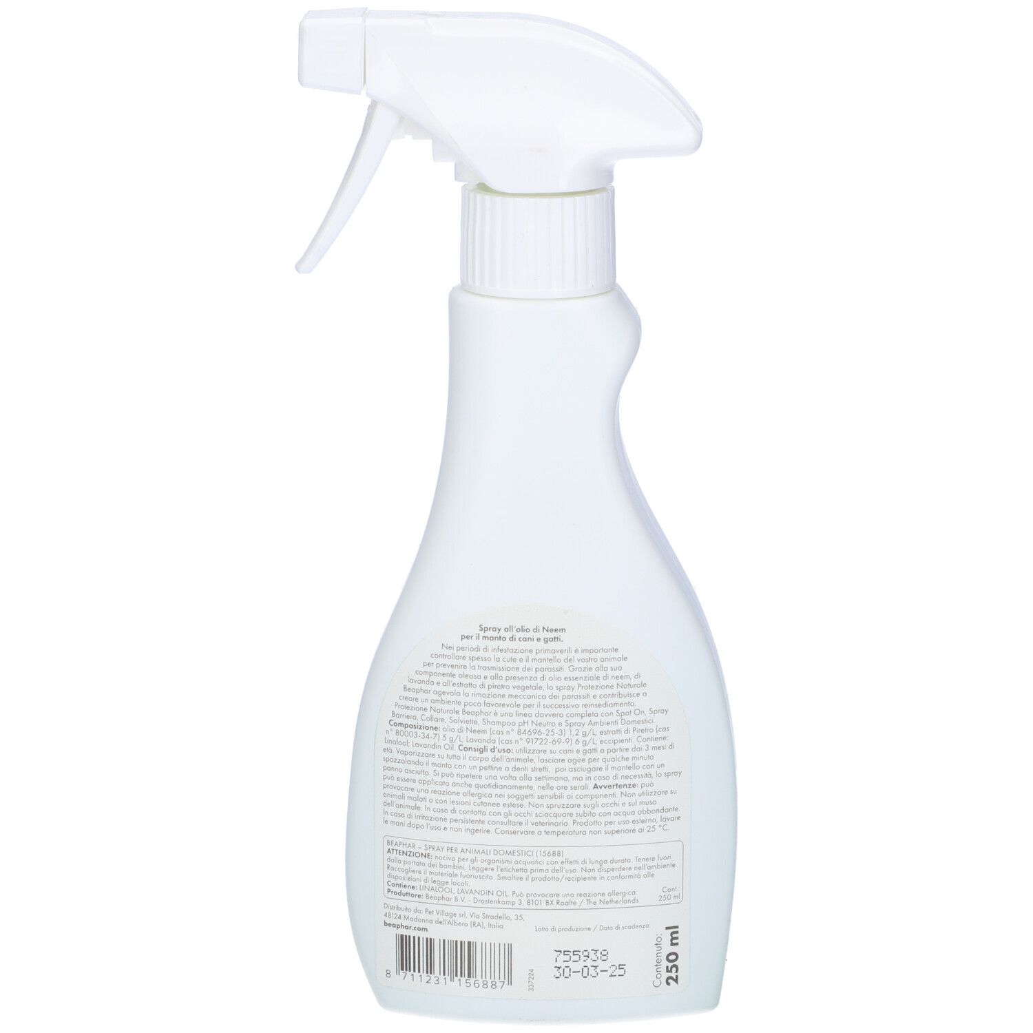 Retro di un flacone spray bianco. Informazioni sul prodotto stampate e codice a barre. Volume: 250 ml.