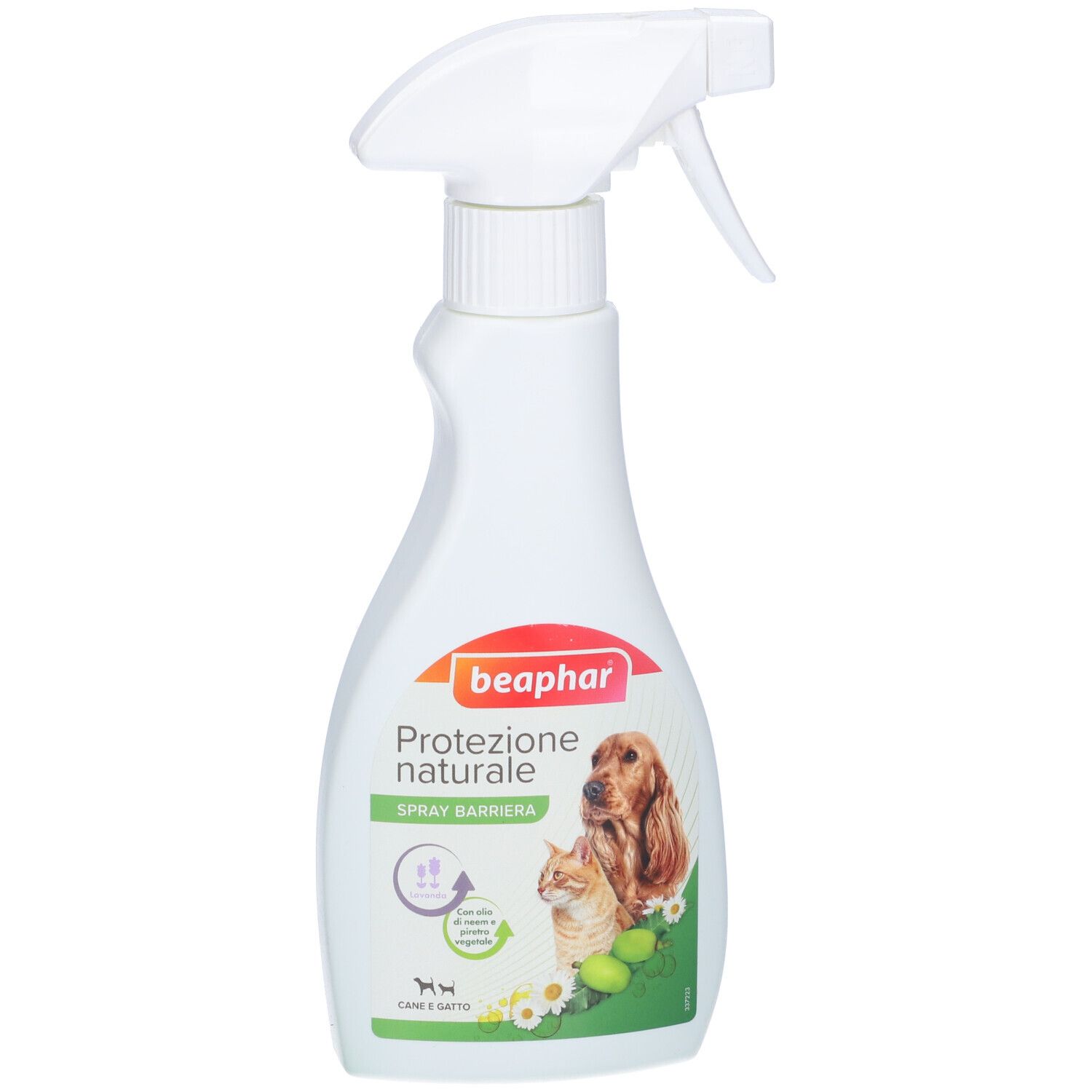 Flacone spray bianco con etichetta. L'etichetta presenta un cane e un gatto. Testo: Protezione naturale.