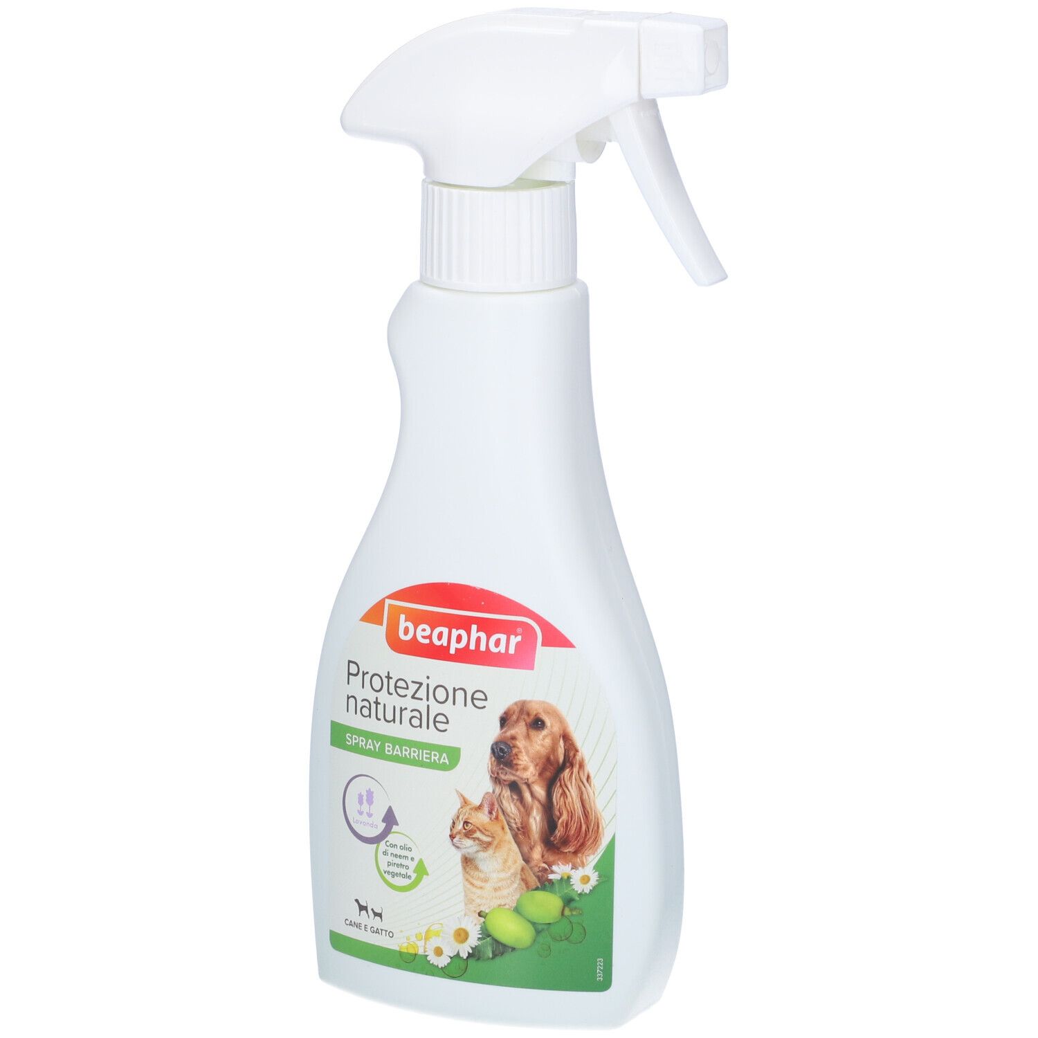 Flacone spray bianco con etichetta. L'etichetta presenta un cane e un gatto. Testo: Protezione naturale.