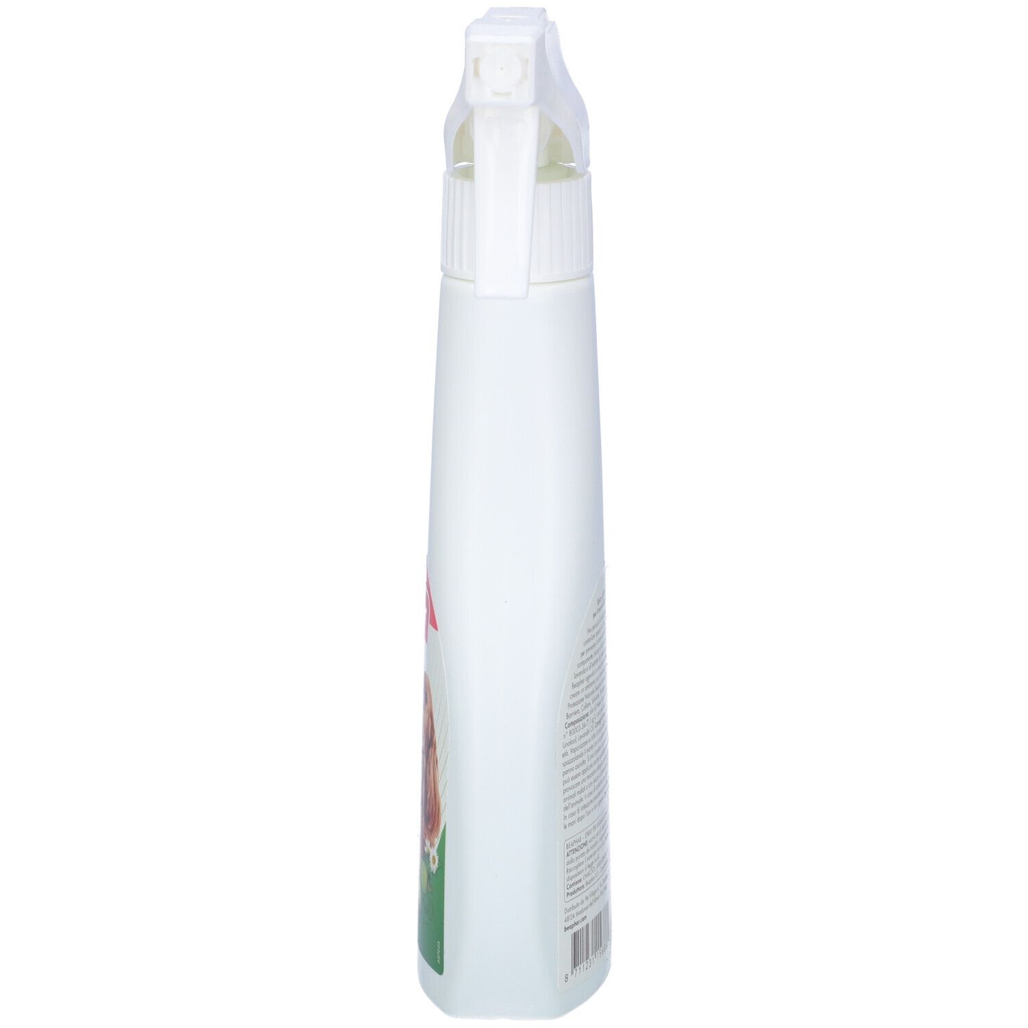 Vista laterale di un flacone spray bianco. La testa dello spruzzo è bianca. Informazioni sul prodotto stampate.