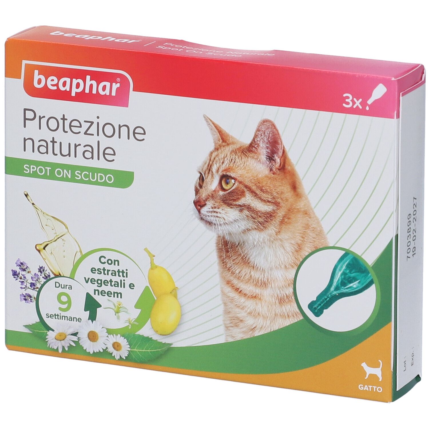 Confezione Beaphar con immagine del prodotto e gatto. Scritto: Protezione naturale, Spot On Scudo. 3 dosi.