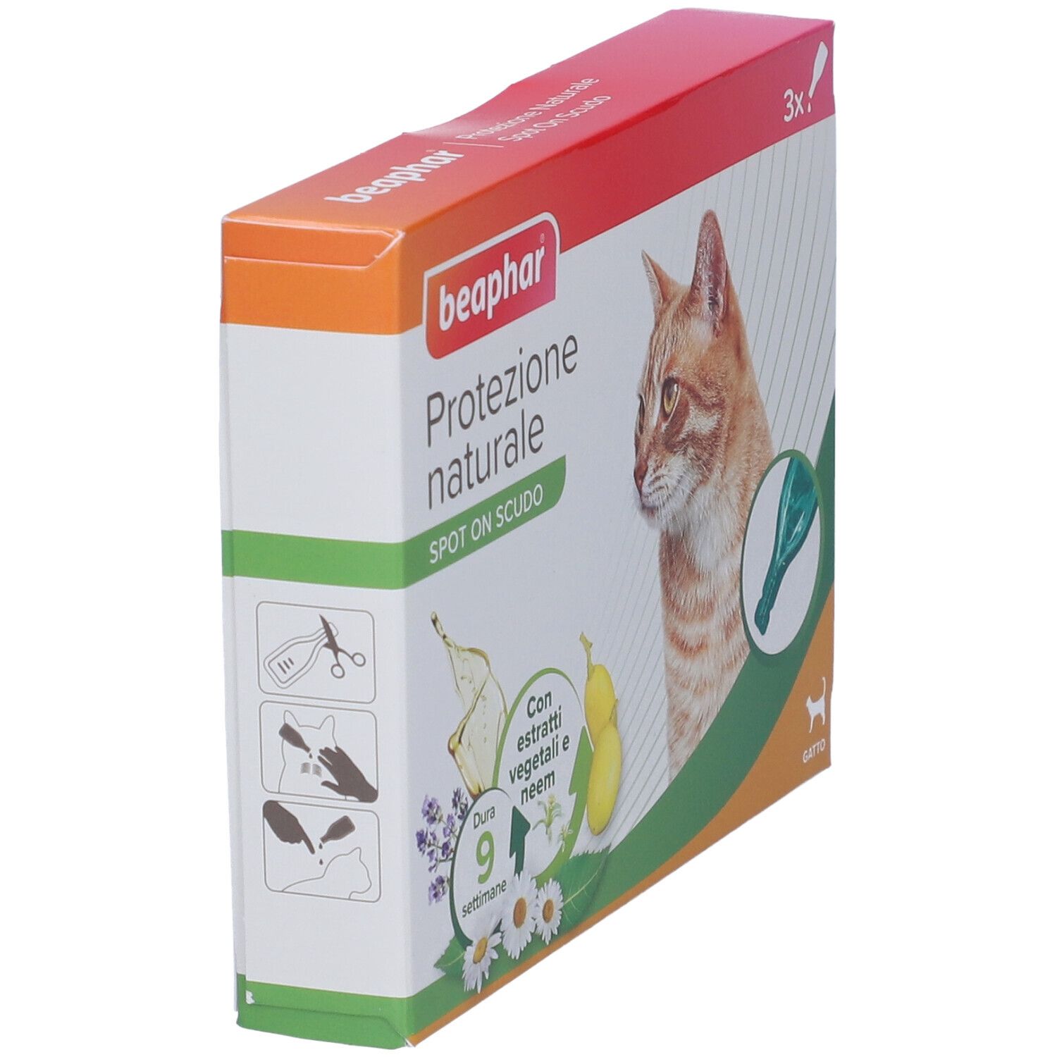 Vista angolata della confezione del prodotto. Testo: Beaphar, Protezione naturale, Spot On Scudo. Immagine di gatto.