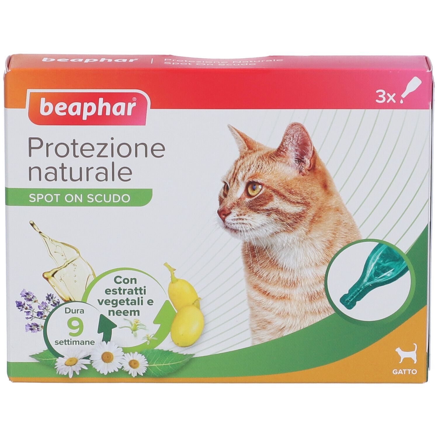 Confezione del prodotto con gatto e immagine del prodotto. Testo: Beaphar, Protezione naturale, Spot On Scudo. 3x.
