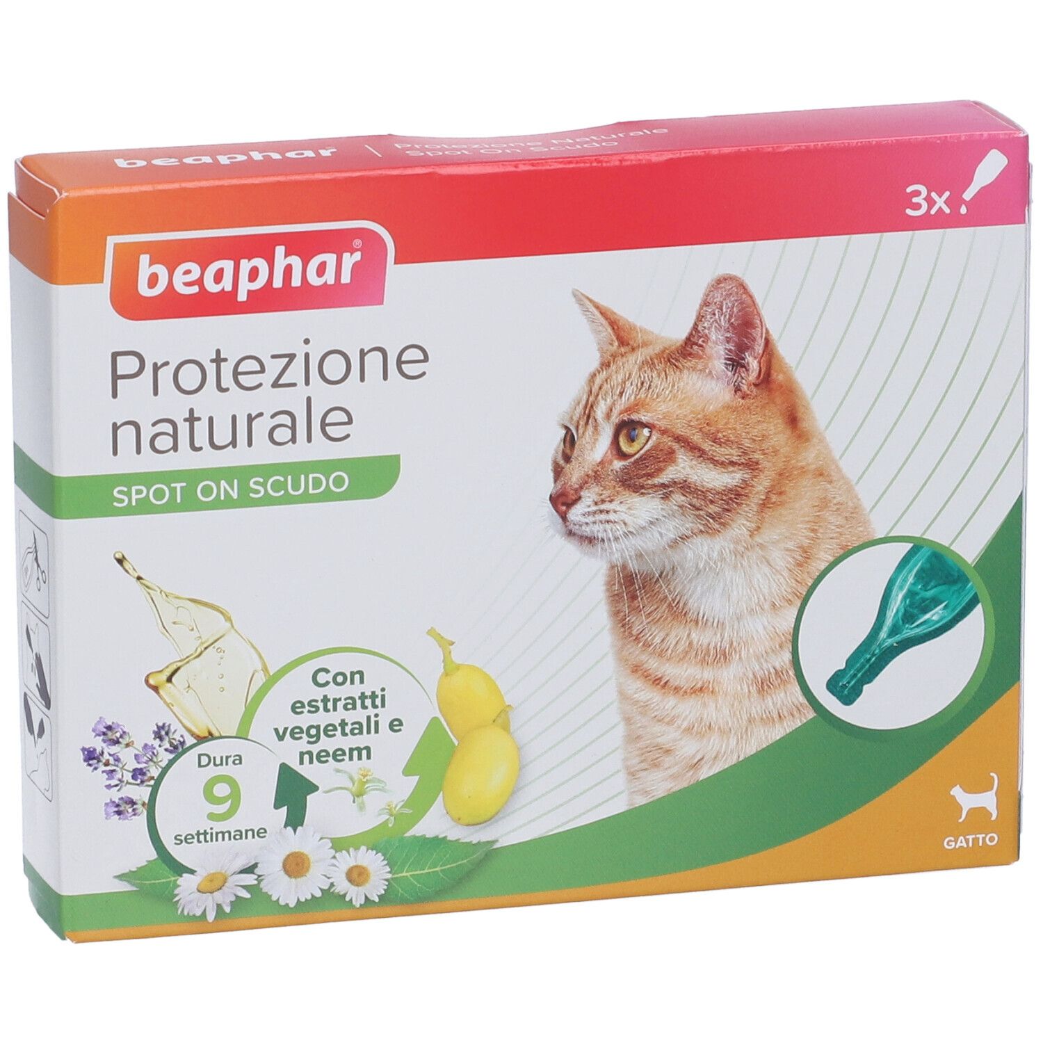 Confezione del prodotto con gatto e immagine del prodotto. Testo: Beaphar, Protezione naturale, Spot On Scudo. 3x.