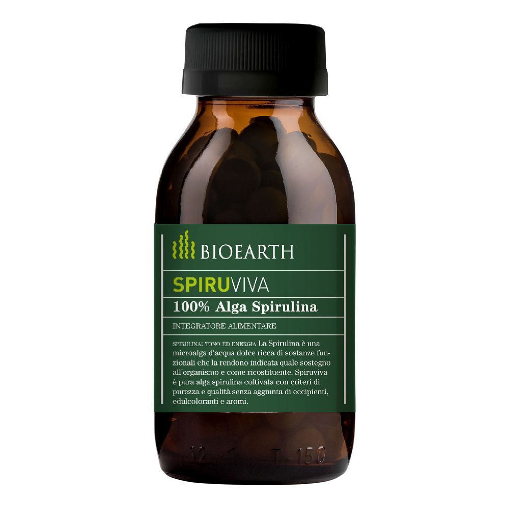 Bottiglia di vetro marrone con tappo nero. Etichetta "BIOEARTH SPIRUVIVA 100% Alga Spirulina".