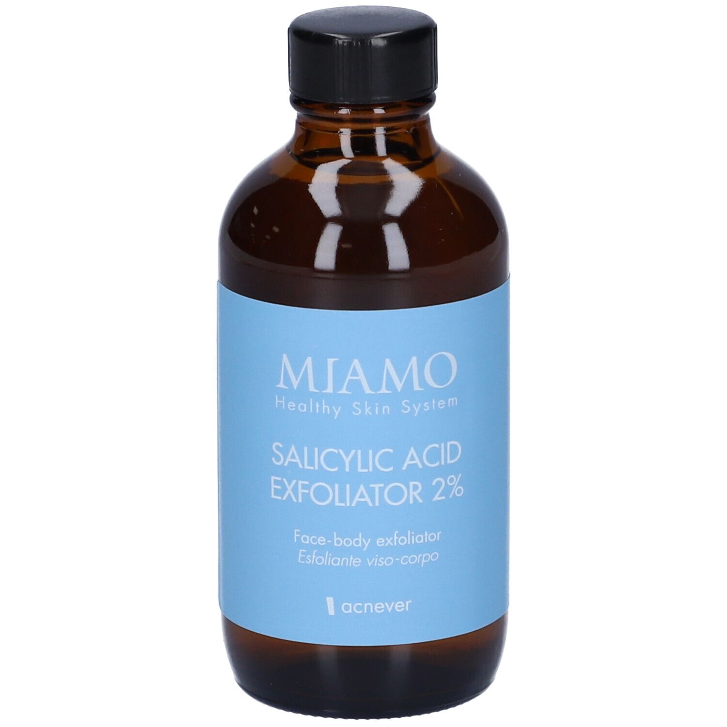 Flacone di vetro marrone con tappo nero. Etichetta azzurra con informazioni sul prodotto. Marca: Miamo.