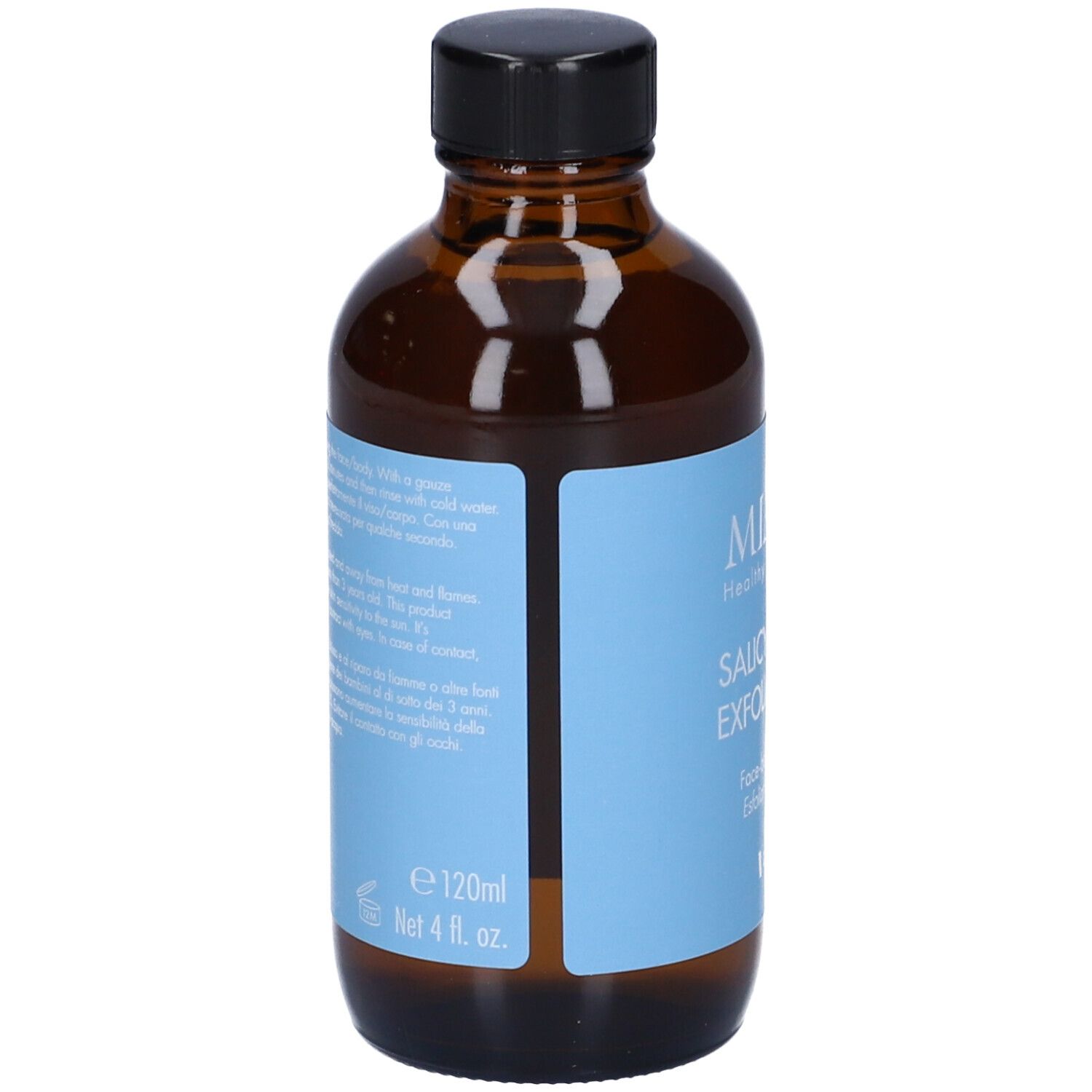 Flacone di vetro marrone con tappo nero. Etichetta blu con testo. Volume: 120ml / 4 fl. oz.