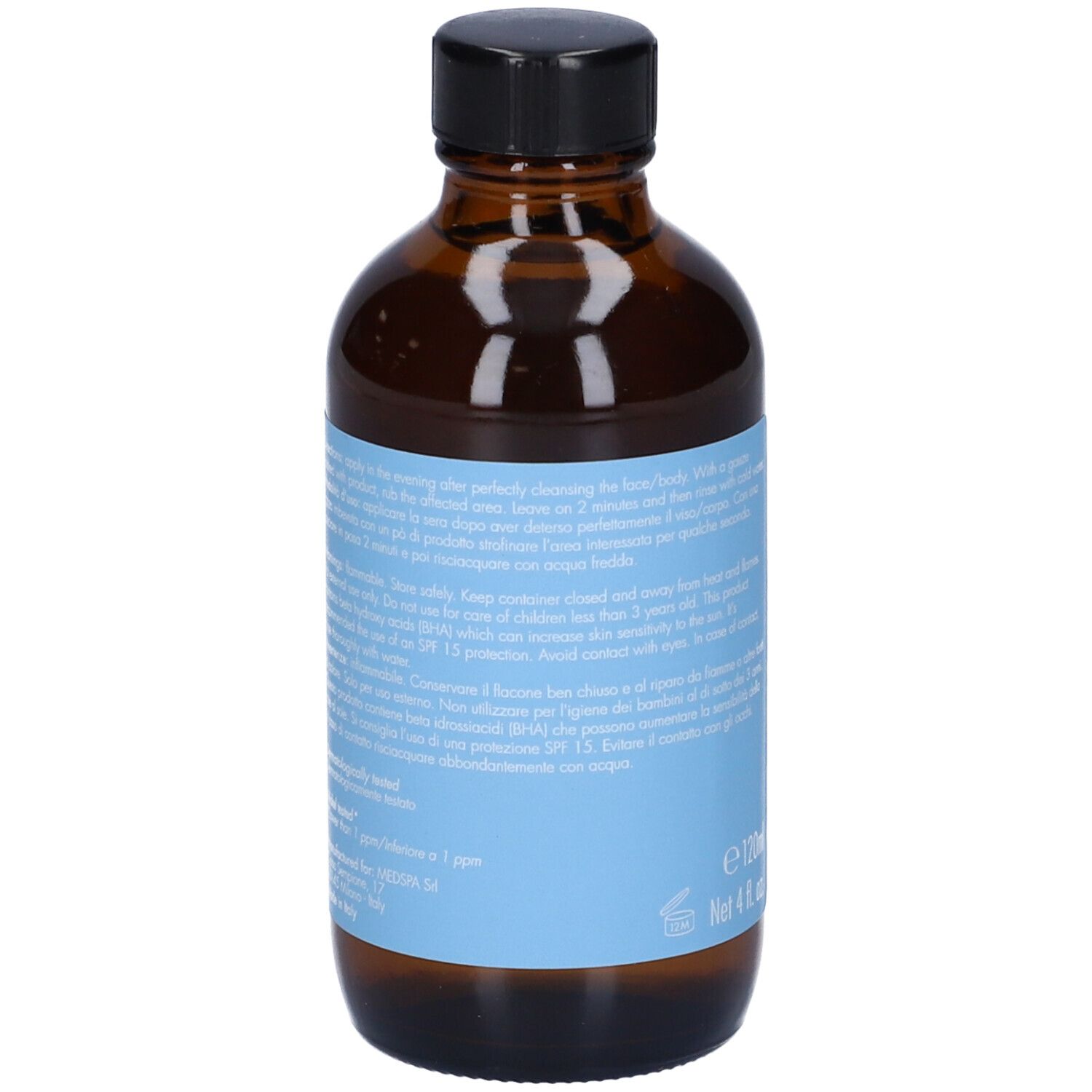 Flacone di vetro marrone con tappo nero. Etichetta blu con testo. Volume: 120ml / 4 fl. oz.