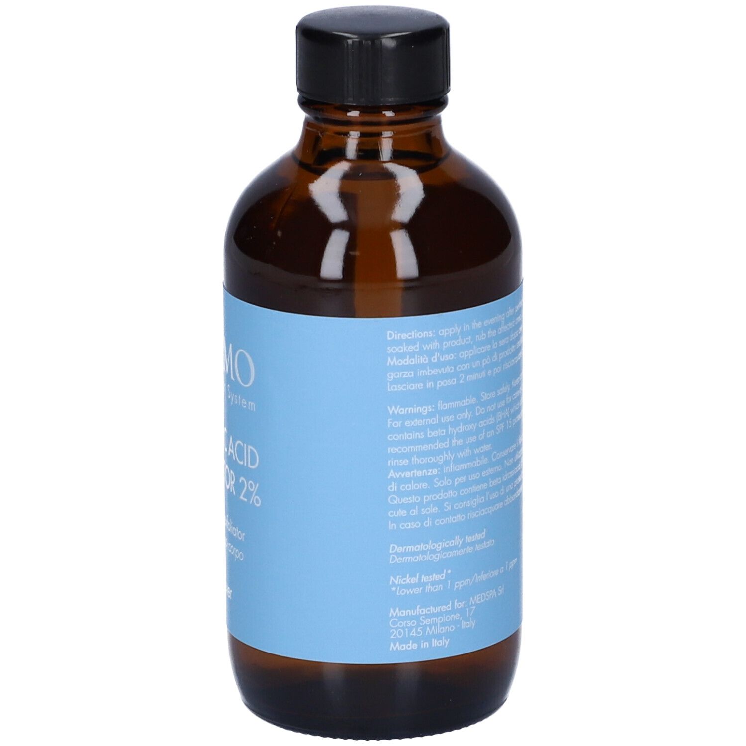 Flacone di vetro marrone con tappo nero. Etichetta blu con testo. Volume: 120ml / 4 fl. oz.