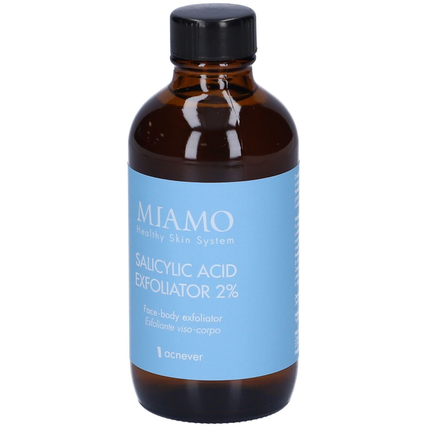 Flacone di vetro marrone con tappo nero. Etichetta azzurra con informazioni sul prodotto. Marca: Miamo.