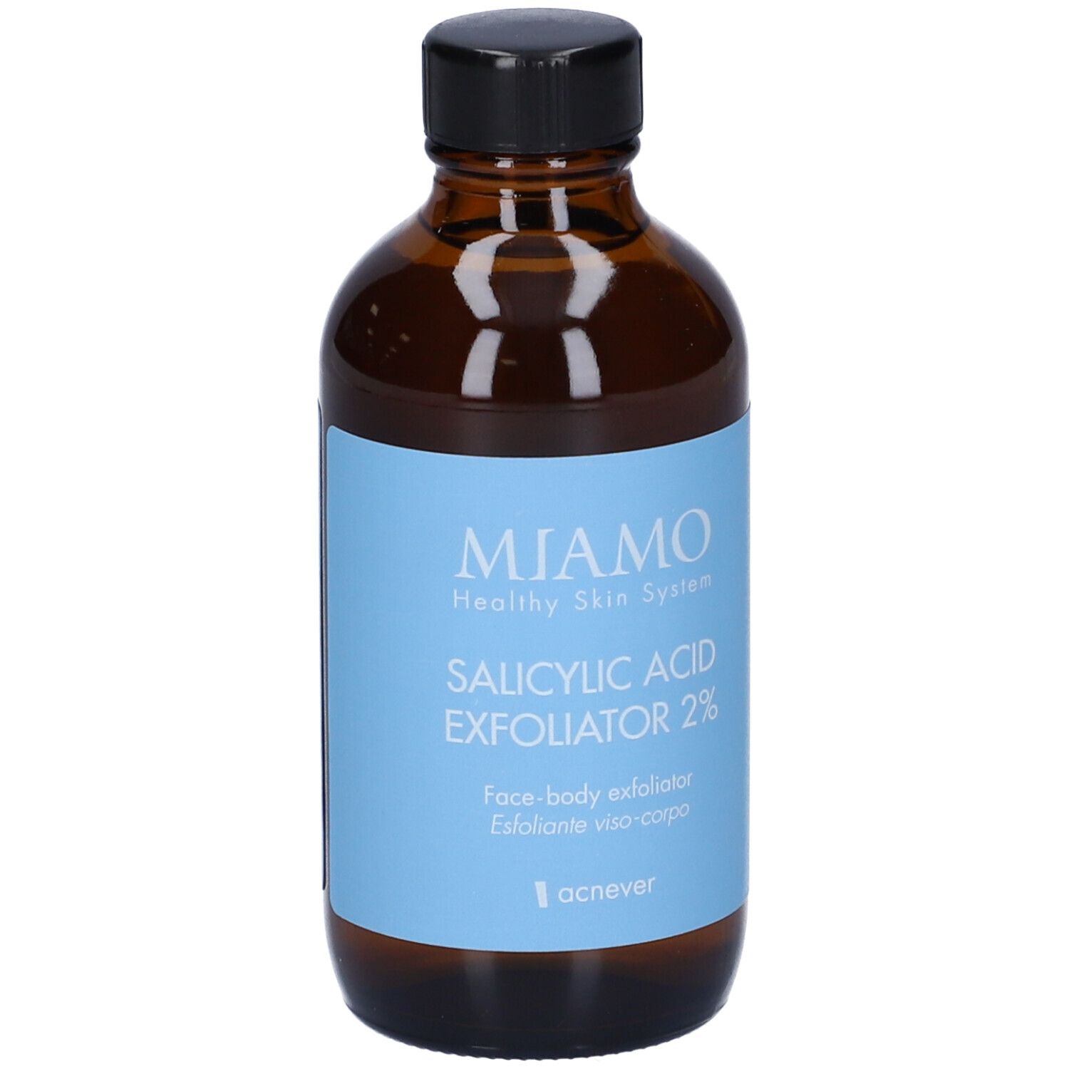 Flacone di vetro marrone con tappo nero. Etichetta azzurra con informazioni sul prodotto. Marca: Miamo.