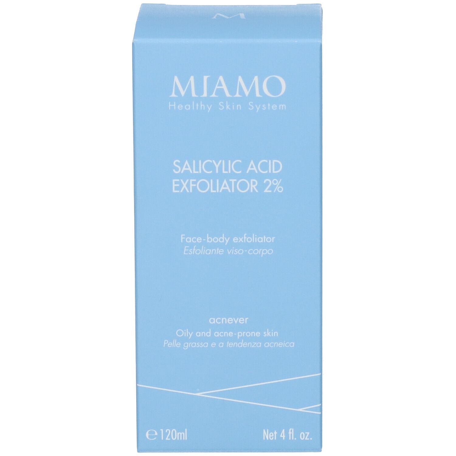 Confezione del prodotto azzurra. Testo: Miamo, Salicylic Acid Exfoliator 2%, 120ml, 4 fl. oz.