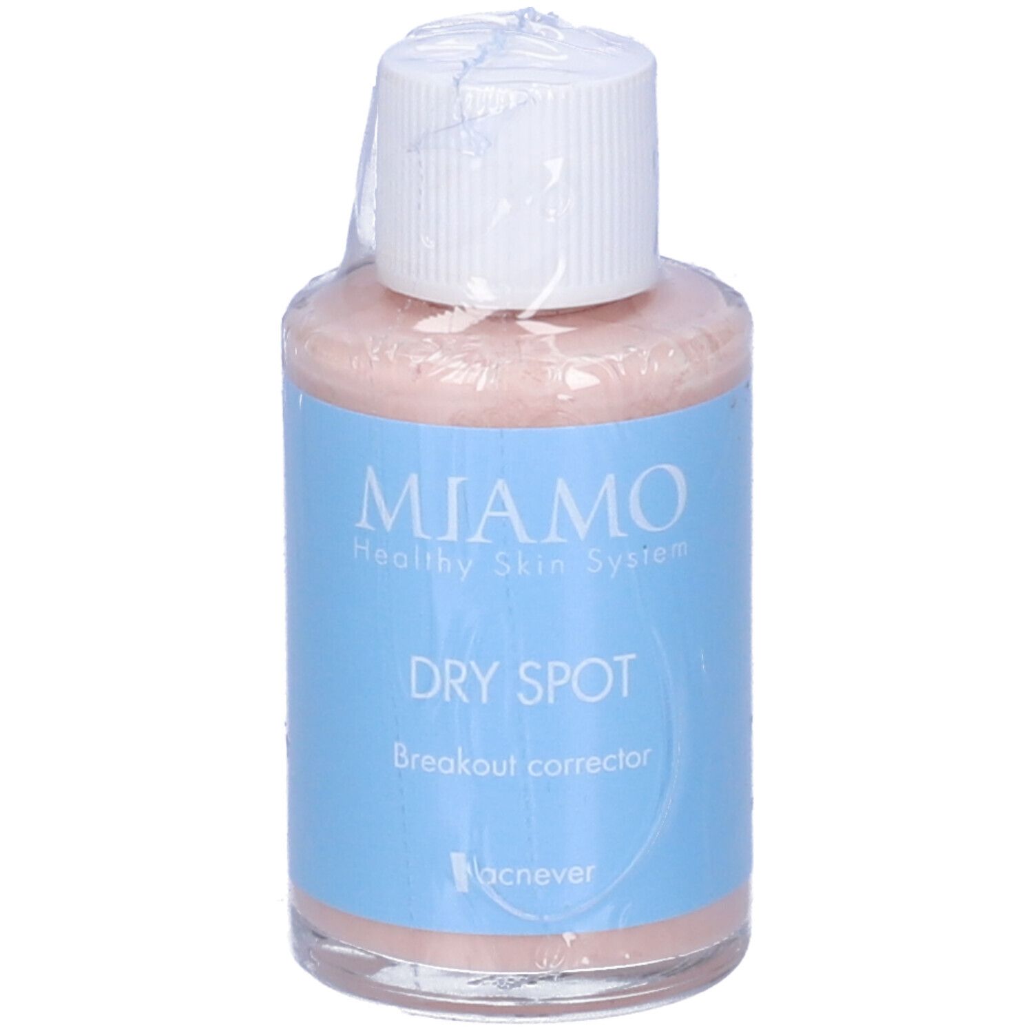 Flacone trasparente con tappo bianco, confezionato. Scritte: Miamo, Dry Spot, Breakout corrector, acnever.
