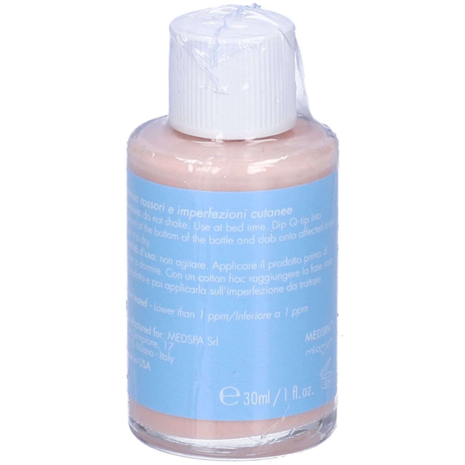 Flacone trasparente con tappo bianco, confezionato. Scritte: Miamo, Dry Spot, Breakout corrector, acnever.