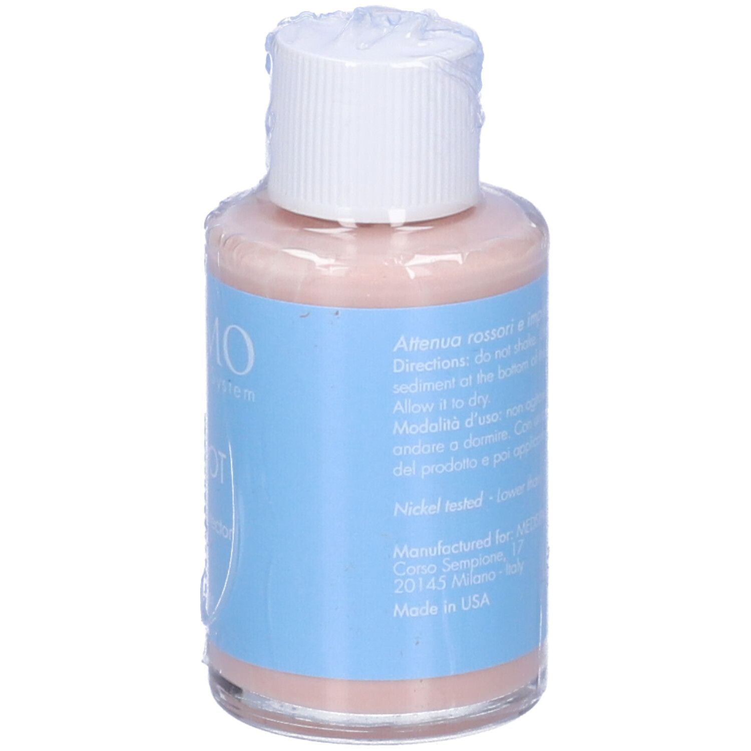 Flacone trasparente con tappo bianco, confezionato. Scritte: Miamo, Dry Spot, Breakout corrector, acnever.