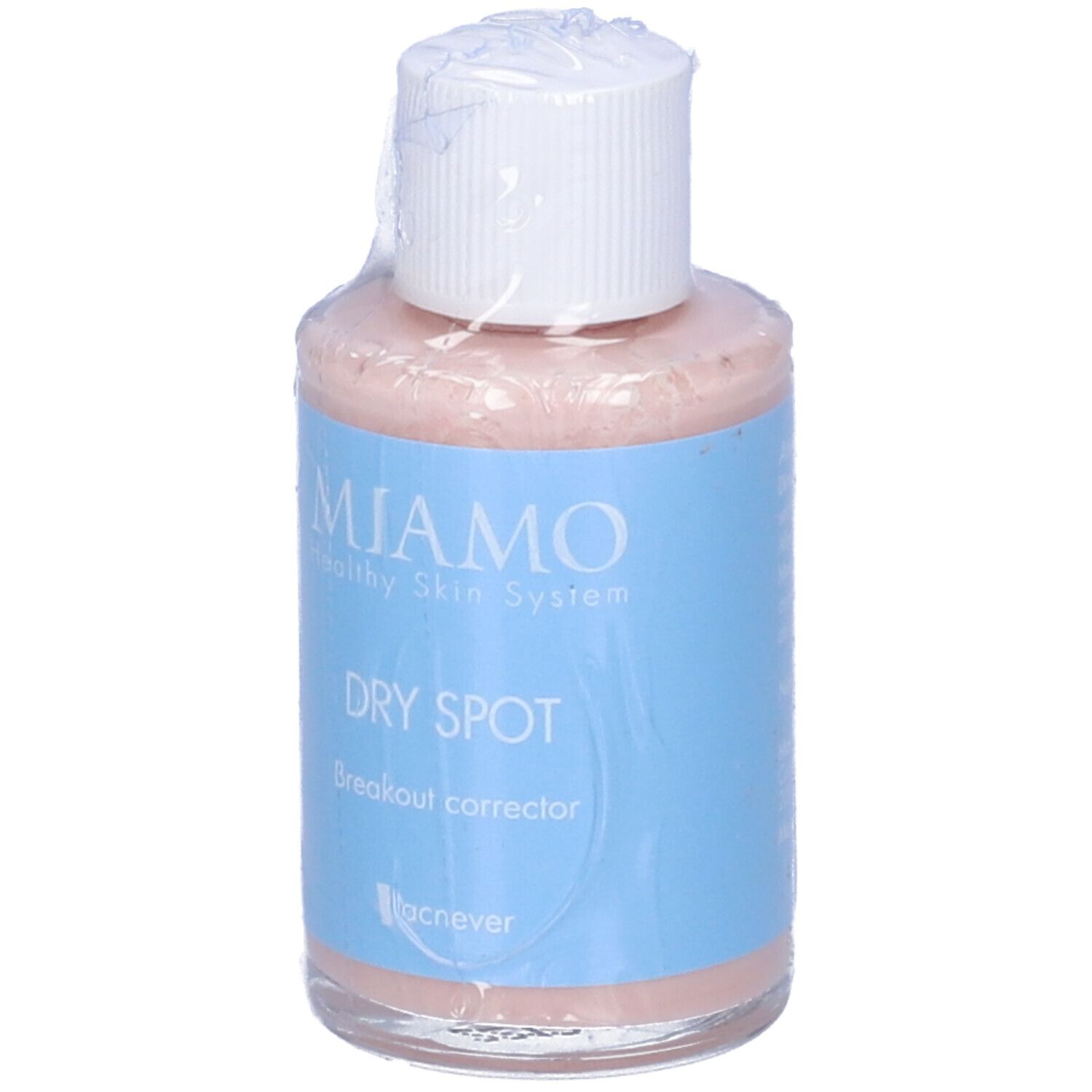Flacone trasparente con tappo bianco, confezionato. Scritte: Miamo, Dry Spot, Breakout corrector, acnever.
