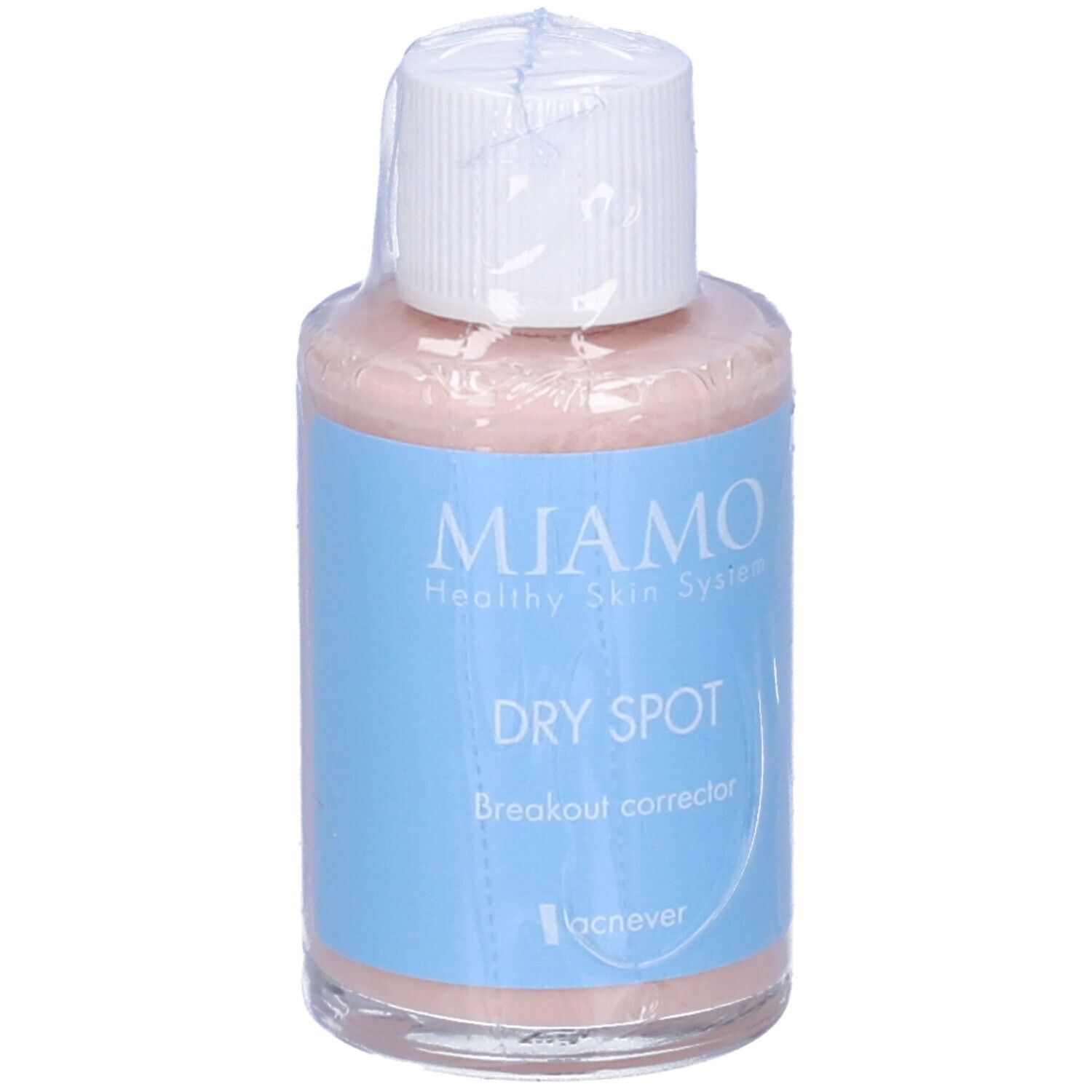 Flacone trasparente con tappo bianco, confezionato. Scritte: Miamo, Dry Spot, Breakout corrector, acnever.
