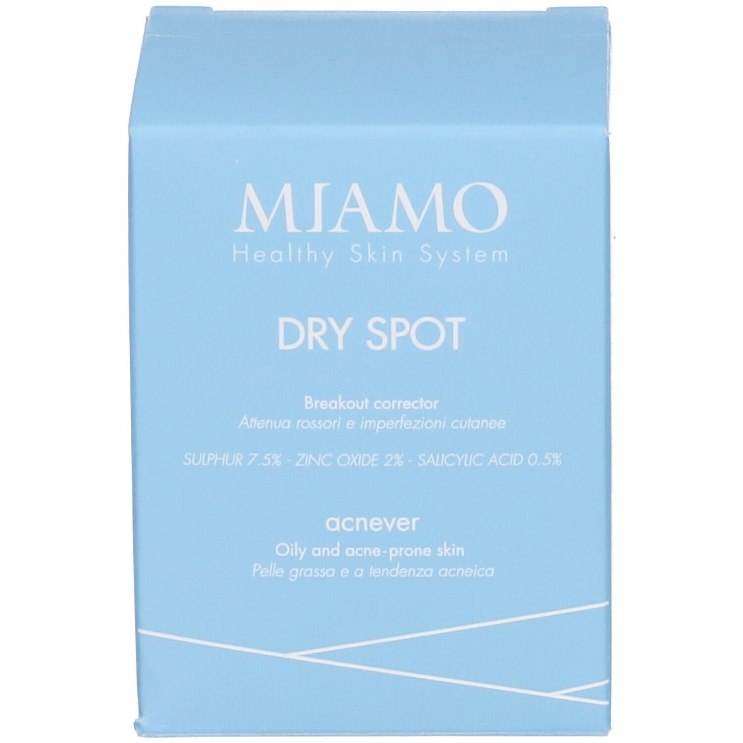 Scatola azzurra. Scritte: Miamo, Dry Spot, Breakout corrector, acnever. Ingredienti e testo.
