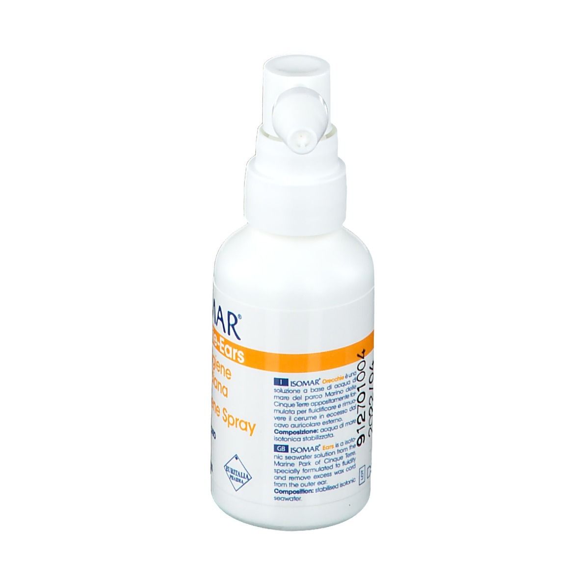 Spray bianco con erogatore. Scritta: ISOMAR Orecchie-Ears Spray Igiene quotidiana. Per bambini e adulti.