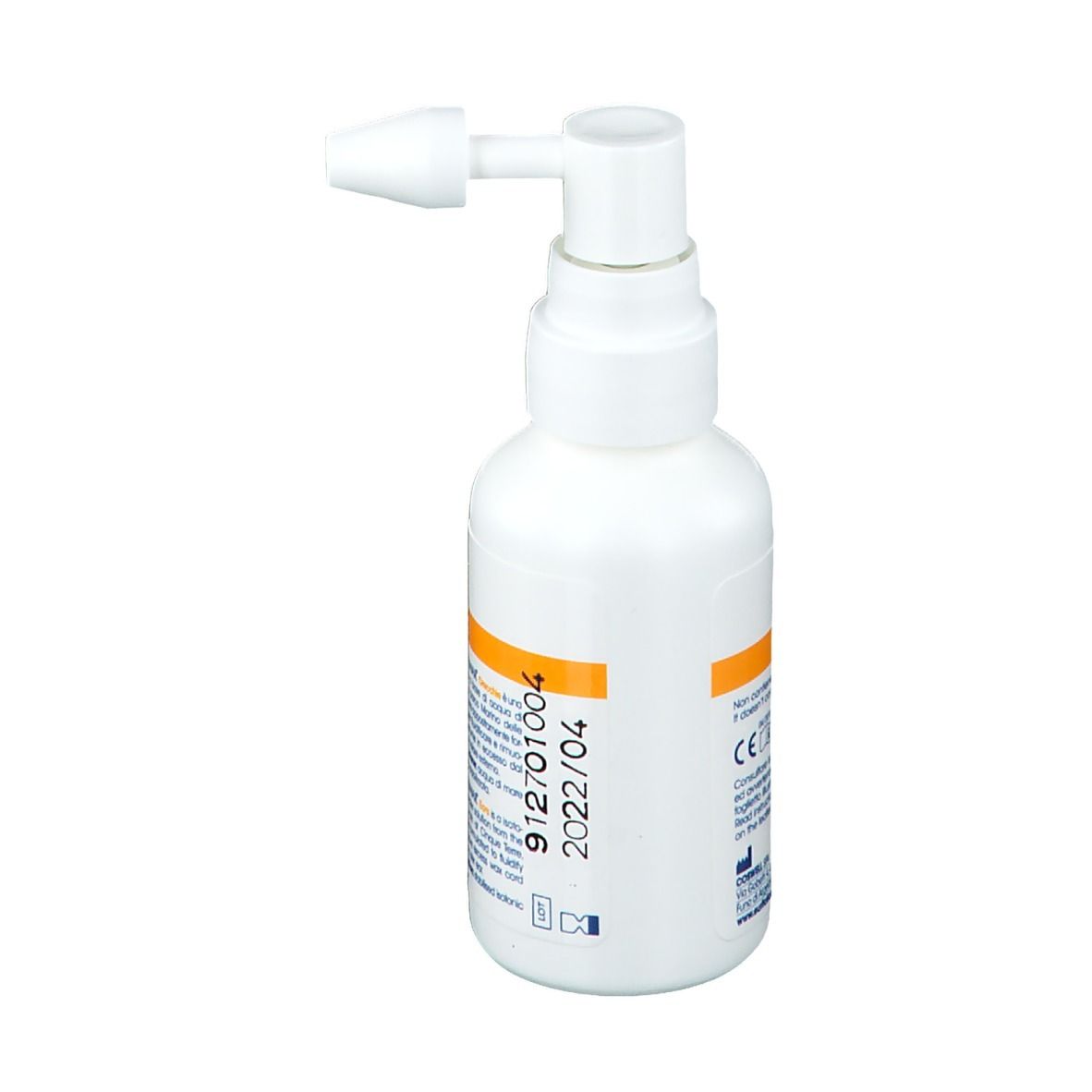 Spray bianco con erogatore. Scritta: ISOMAR Orecchie-Ears Spray Igiene quotidiana. Con data.