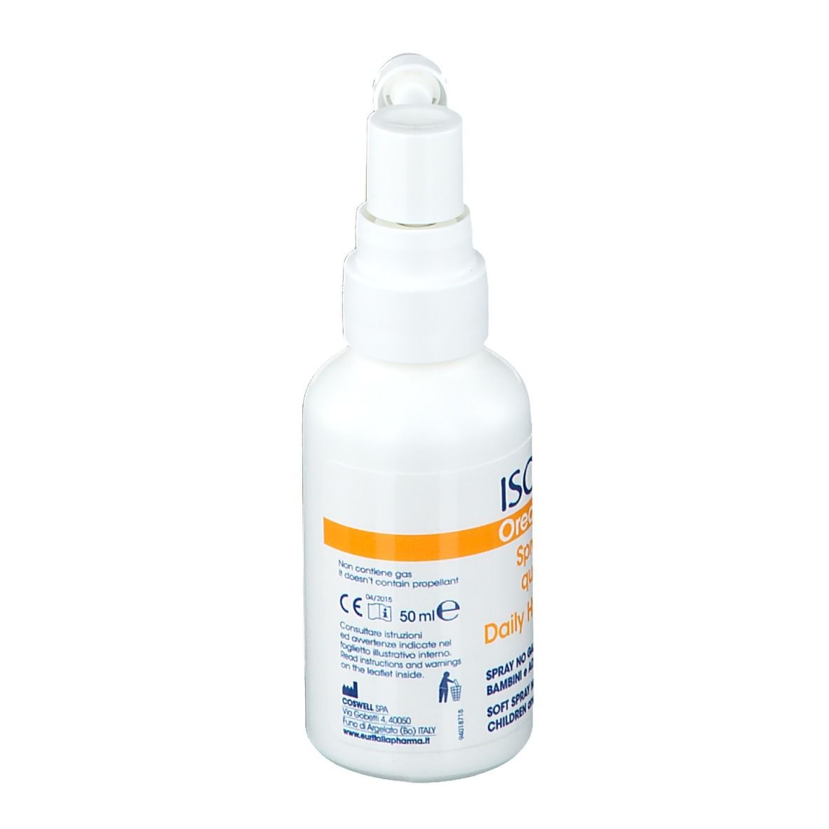 Spray bianco con erogatore. Scritta: ISOMAR Orecchie-Ears Spray Igiene quotidiana. Con indicazione 50 ml.