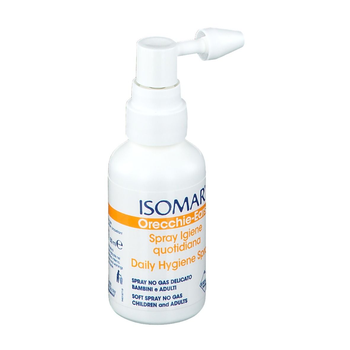 Spray bianco con erogatore. Scritta: ISOMAR Orecchie-Ears Spray Igiene quotidiana. Per bambini e adulti.