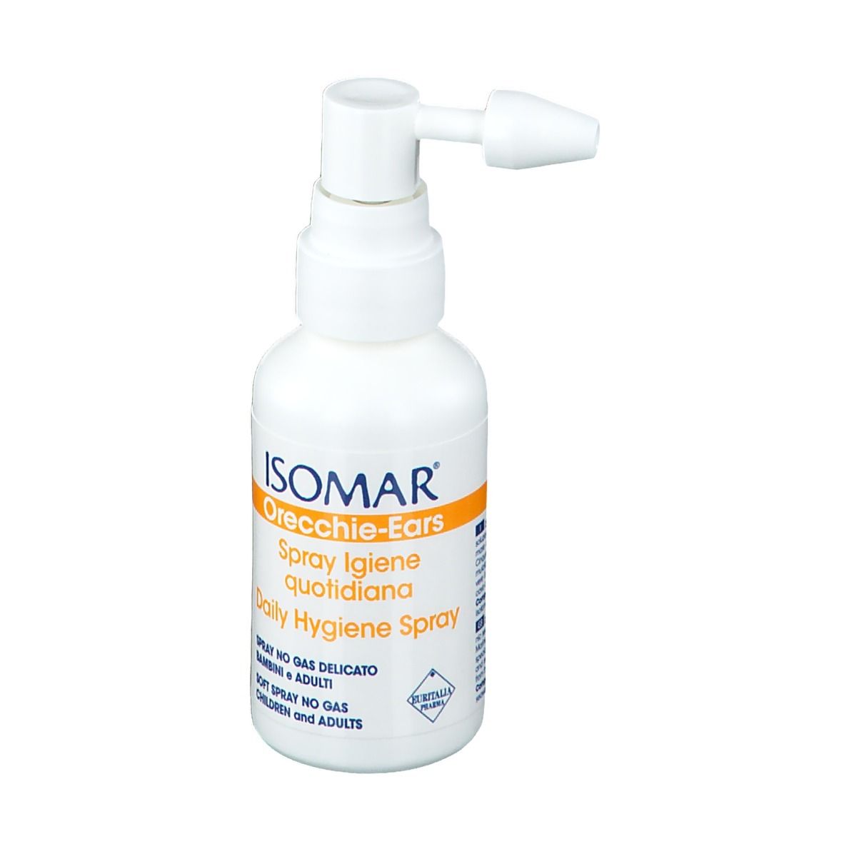 Spray bianco con erogatore. Scritta: ISOMAR Orecchie-Ears Spray Igiene quotidiana. Per bambini e adulti.