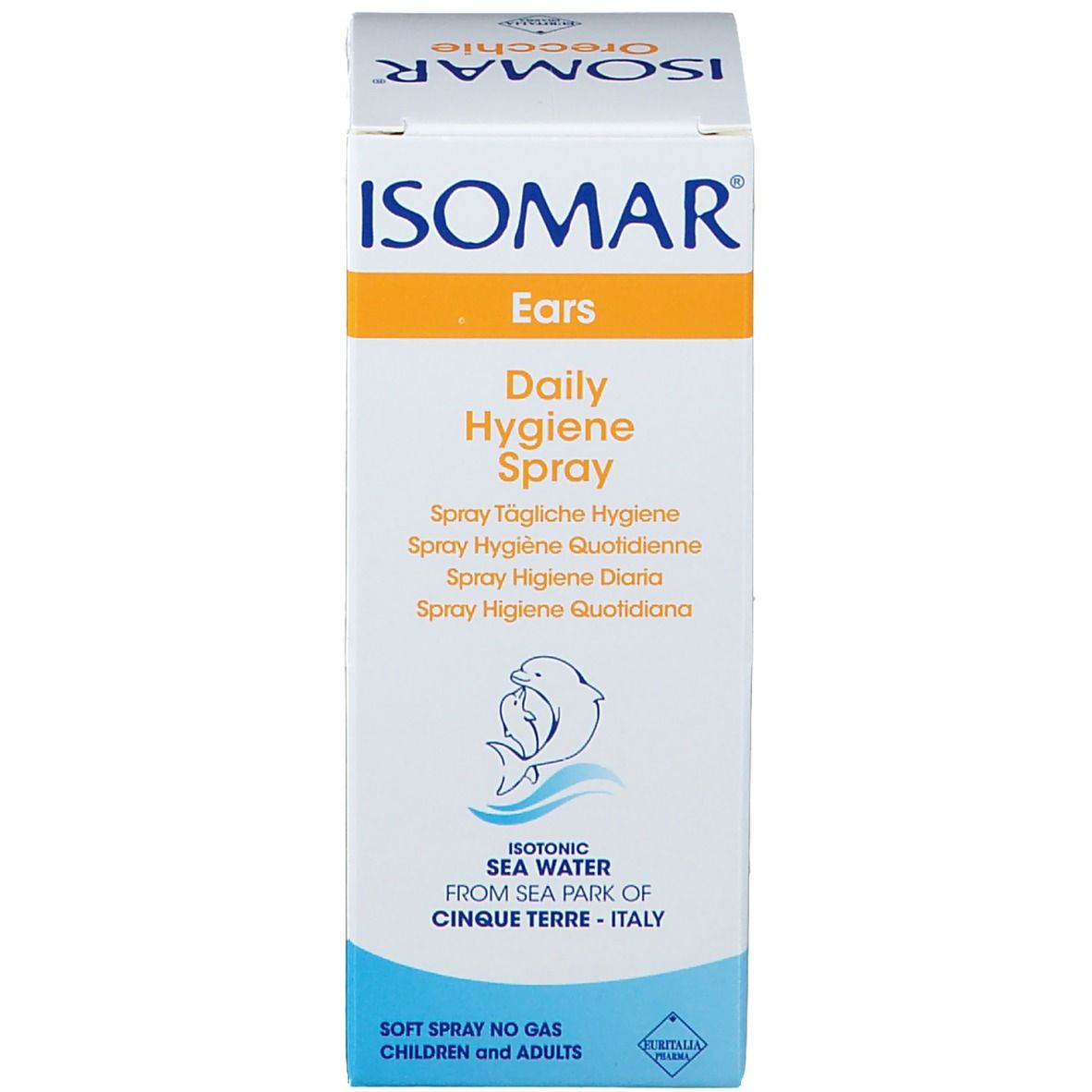 Scatola con scritta: ISOMAR Ears Daily Hygiene Spray. Con logo delfino e indicazione acqua di mare.
